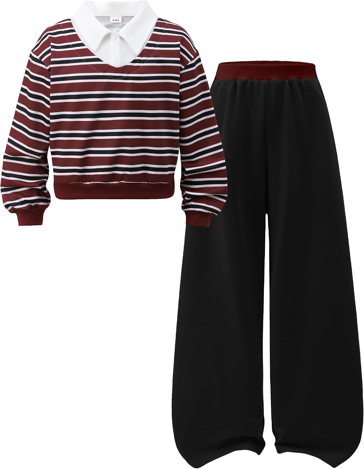 GEMLON 2PCS School Outfits for Girls Preppy Striped Collar Top with Straight Leg Pants Girls Clothes Size 7-8
