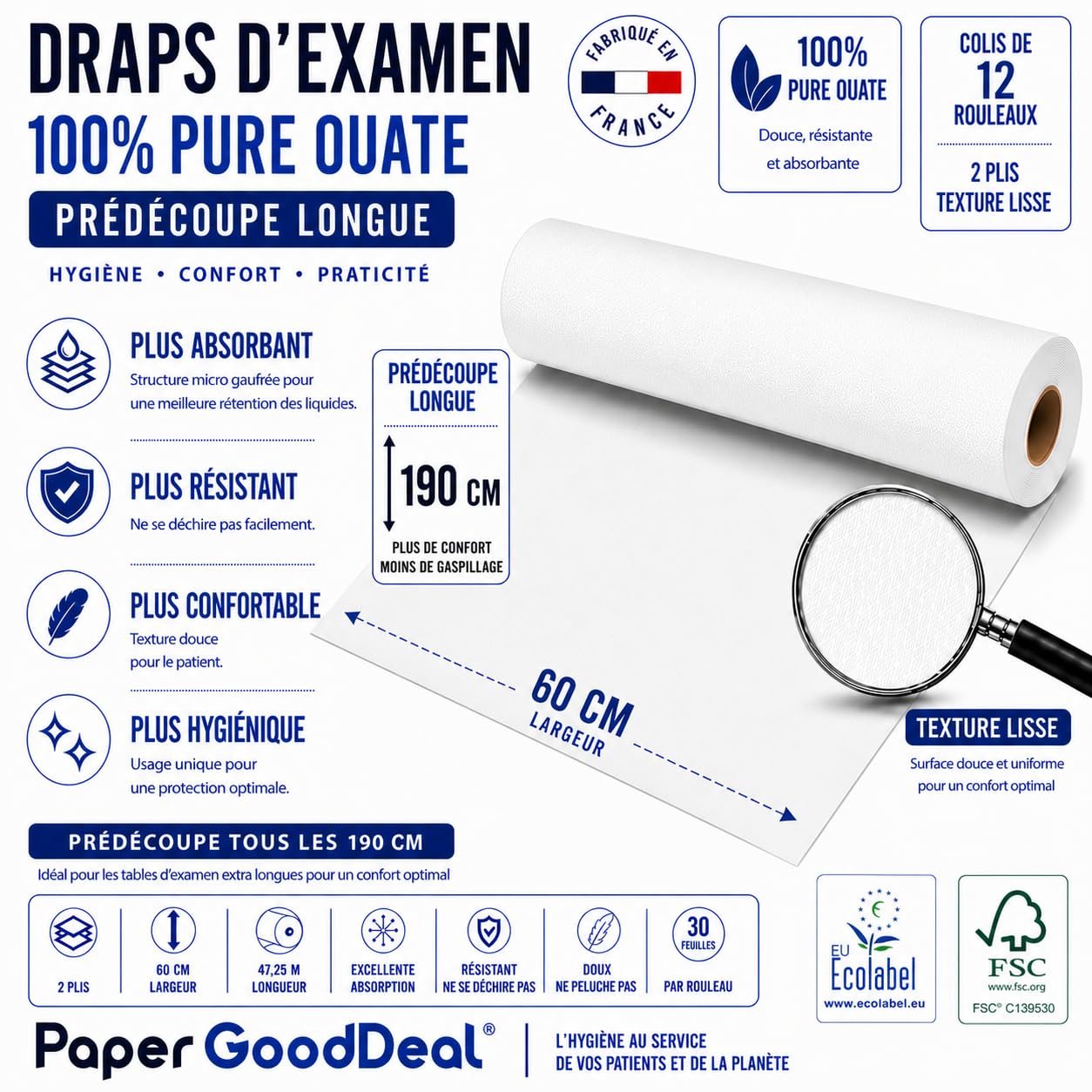 12 Rouleaux - Drap d’Examen Papier Médical 60 cm – Prédécoupe Longue 1,90 m – Grande Largeur – 30 Formats/rouleau – Table Massage, Esthétique, Ostéopathe, Cabinet Médical