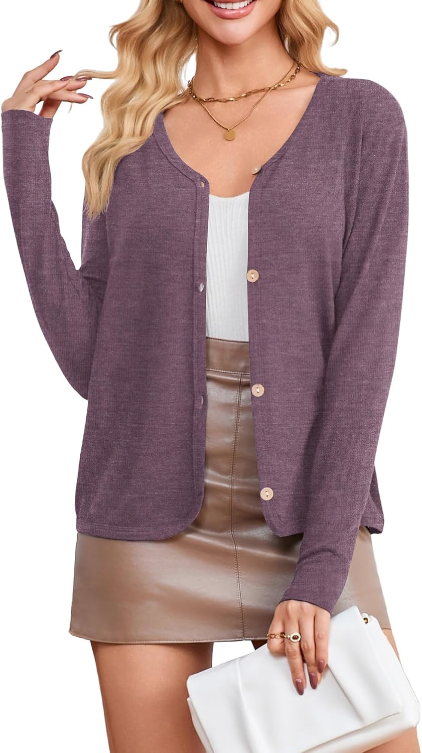 Poplab Women's Lightweight Long Sleeve Cropped Cardigan for Dresses Button Down Knit Shrug for Layering Breathable Cover-Up