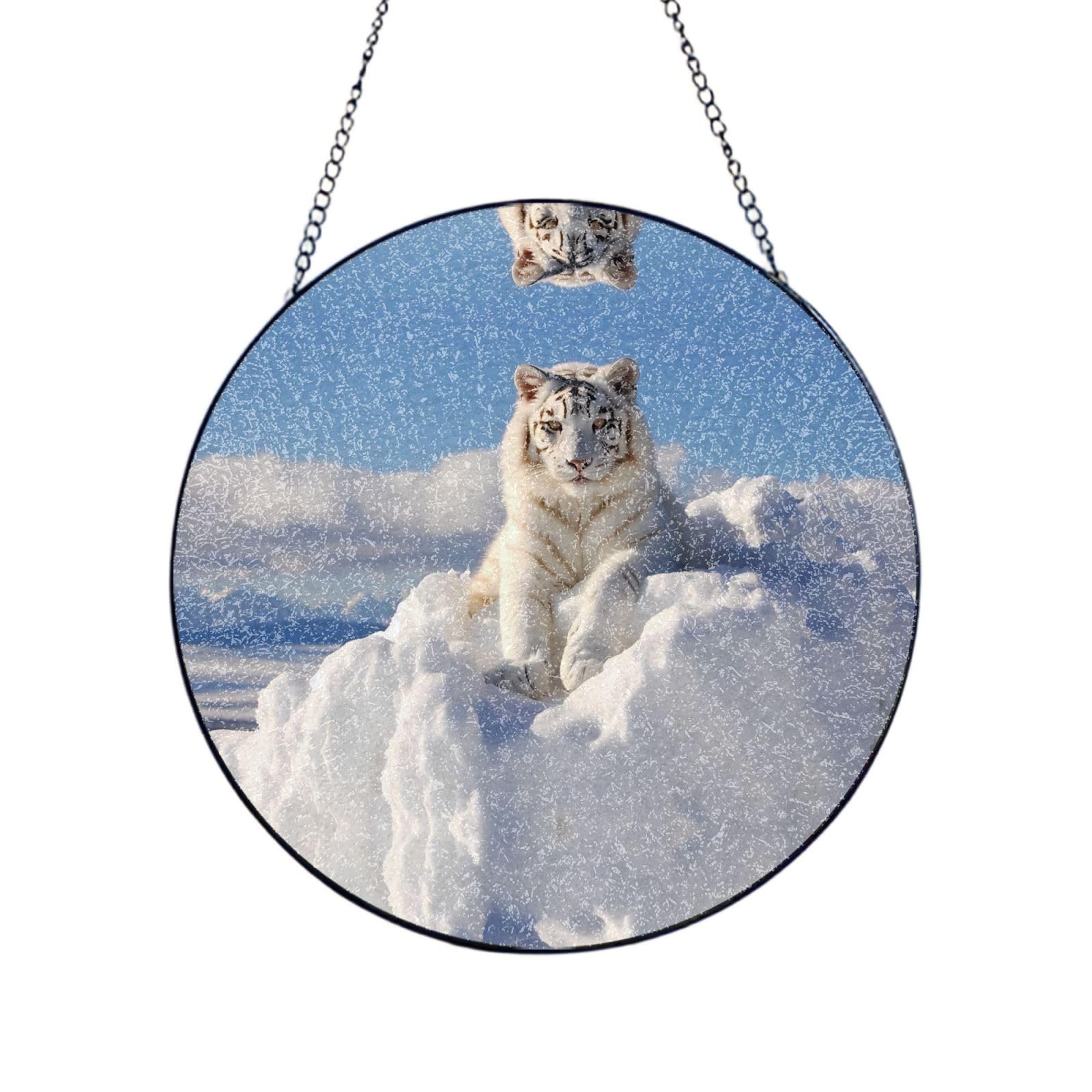 Phayah Snowy Mountain White Tiger Print Stained Glass Window Hanging Suncatcher For Door Terrace Garden Home Decor Sun Catcher Birthday Gifts For Lovers Dad Mom 12in（30cm）