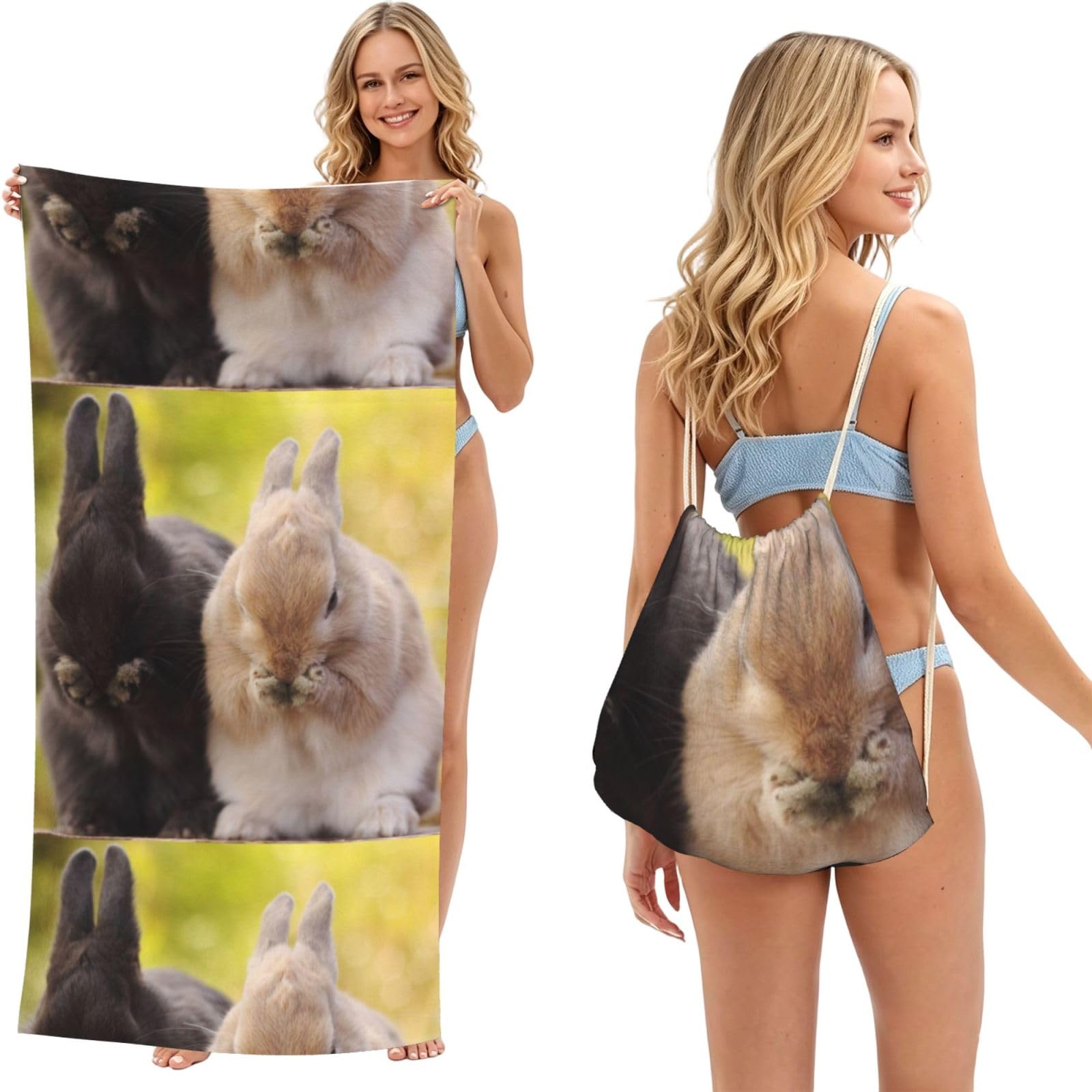 Poadnly As Picture Rabbit Fluffy, 2 In 1 Packable Towel Bag, Beach Towels With Drawstring Backpack For Travel Holiday Camping