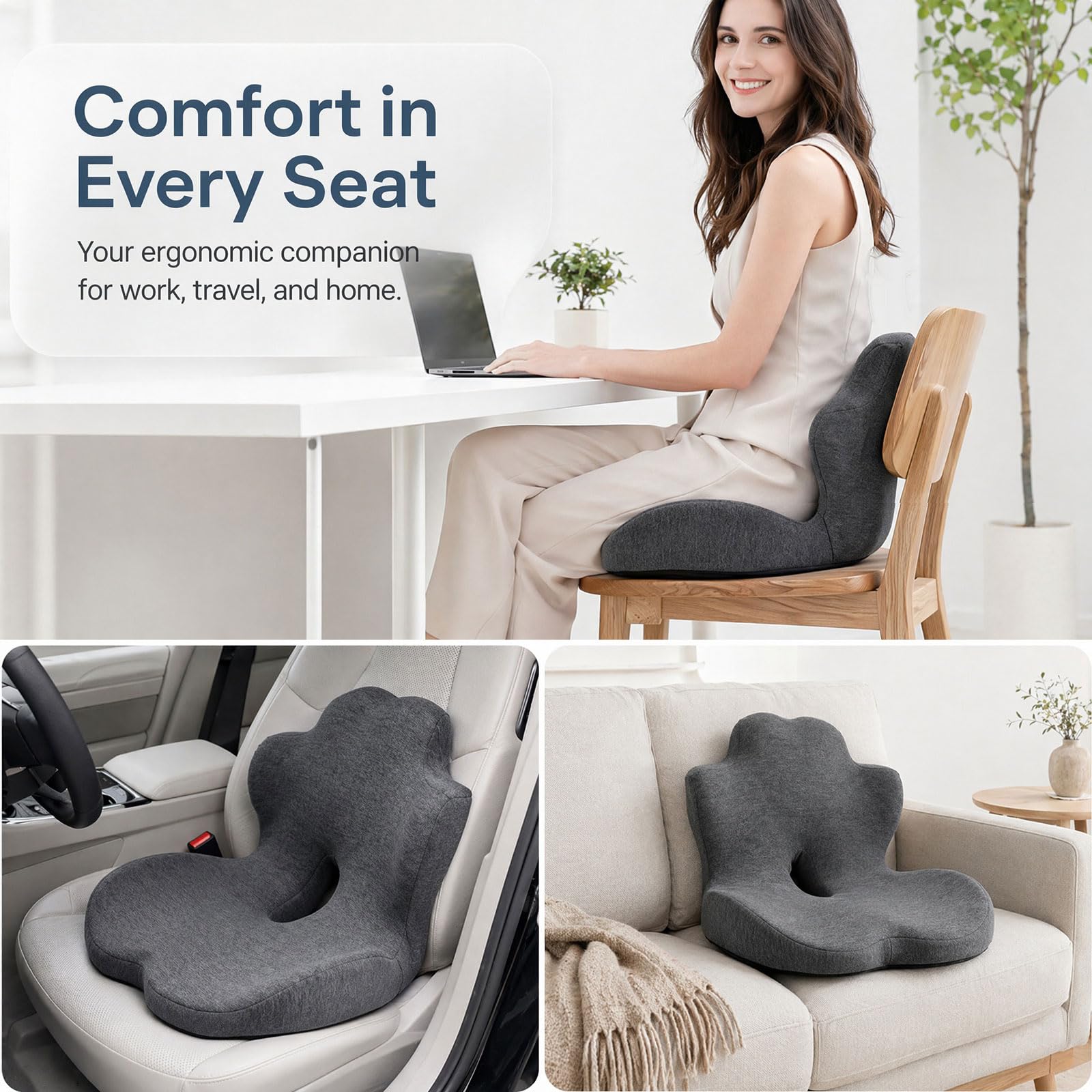 Cuscino per sedile in memory foam, cuscino 2 in 1 per sedile e supporto lombare, cuscino ergonomico per auto, cuscino per il coccige, per dolore al coccige, per ufficio, casa, sedia a rotelle