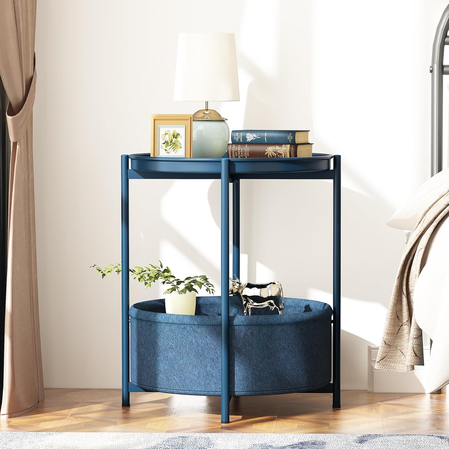 Huhote Tavolino rotondo con cestino in tessuto, piccolo comodino, comodino per soggiorno, camera da letto, bagno, balcone, stile moderno (blu)