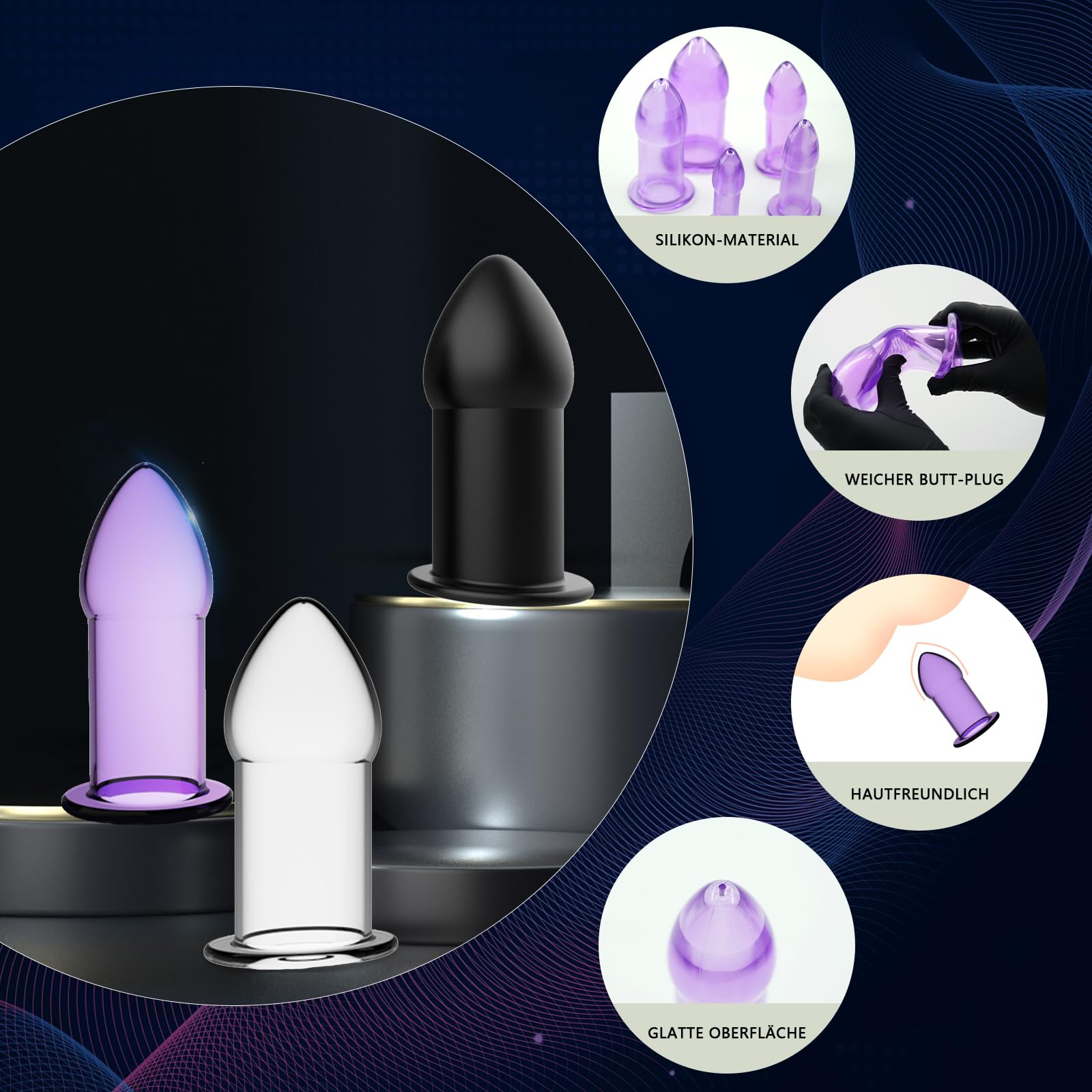 AMAZBEE Plug anale 5 set Butt Plug Plugs anale in silicone vibratore Plug anale dilatatore anale cavo Buttpluck anale Bondage Sex Toy Kit per le donne, coppie, uomini (5 pcs-Black)