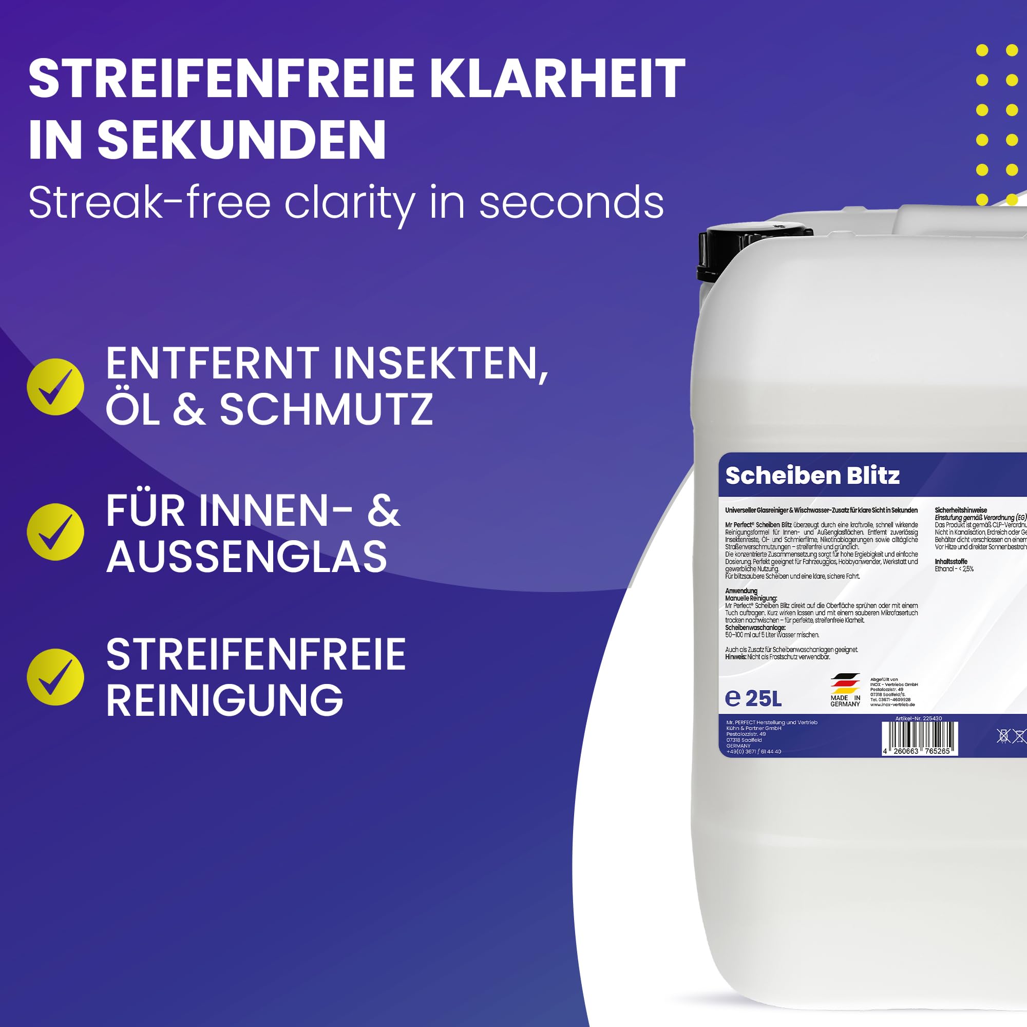 Mr. Perfect Scheiben Blitz 1 x 25 Liter | Leistungsstarker Auto Scheibenreiniger für streifenfrei klare Sicht | Auch als wirksamer Scheibenwischwasser Zusatz geeignet | Made in Germany
