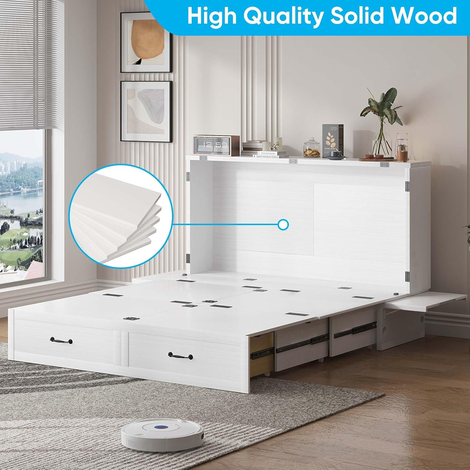 Mjkone Murphy Bed, Queen Murphy Cabinet Bed with USB Ports & Large Drawers, Portable Murphy Guest Bed with Mattress, Hidden Murphy Chest Bed for Guest Room, Bedroom Offices Clearance Murphy Bed, White