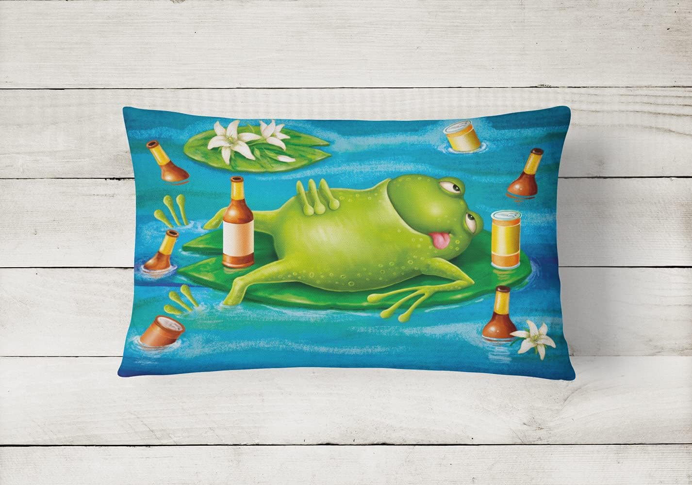 Caroline's Treasures APH0093PW1216 Frog Drinking Beer Canvas Fabric Decorative Pillow Machine Washable, Indoor Outdoor Decorative Pillow for Couch, Bed or Patio, 12HX16W