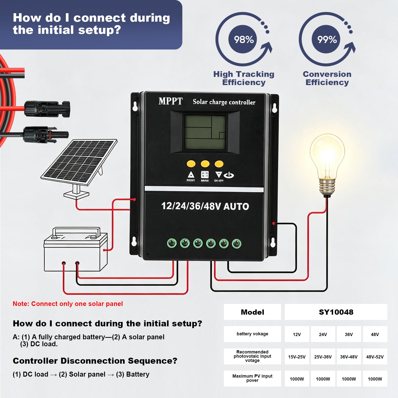 Régulateur de charge solaire MPPT 100 A 12 V 24 V 36 V 48 V Écran LCD 9