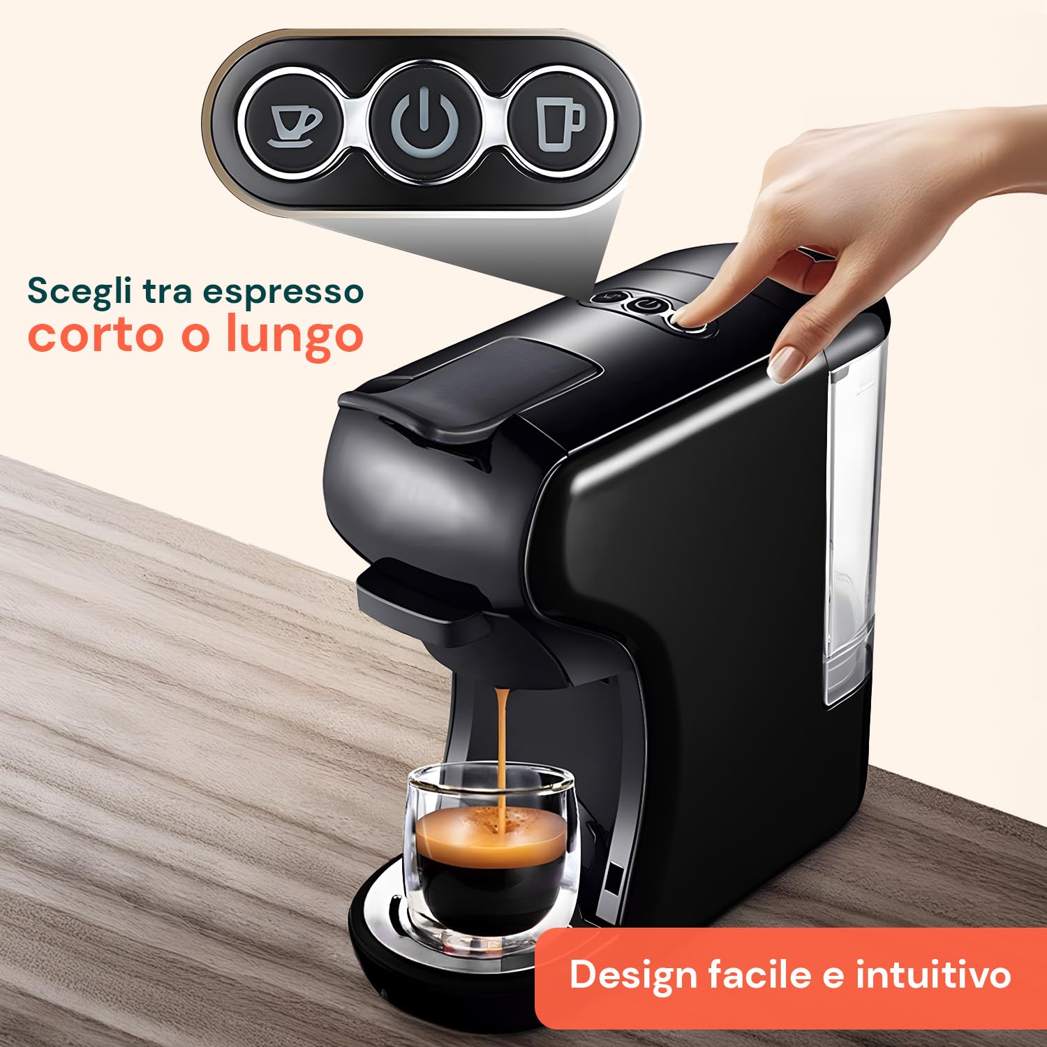 Wintem Macchina Caffè Compatta Grace da 1450W con Arresto Automatico, Selezione Espresso Corto/Lungo, Interruttore ON/OFF e Compatibilità con Capsule e Cialde (Nero)