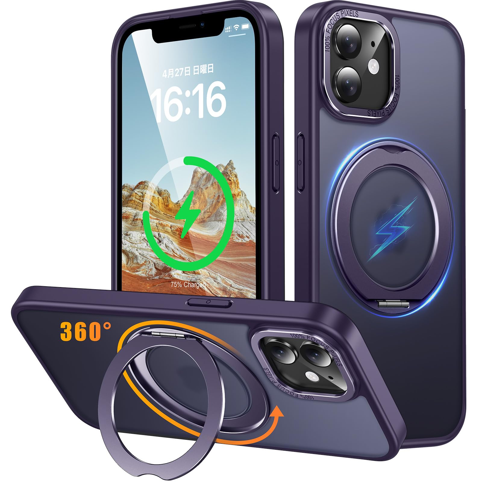 iPhone 12 / iPhone 12 Pro 用 ケース Magsafe対応 ワイヤレス充電 360°回転スタンド 縦横両対応 Gunwon スマホケース iphone12 / iPhone12 Pro 用 米軍規格 耐衝撃 半透明 マット感 マグセーフ 防指紋 リング マグネット搭載 アイフォン12/アイフォン12 Pro 用 カバー「パープル」