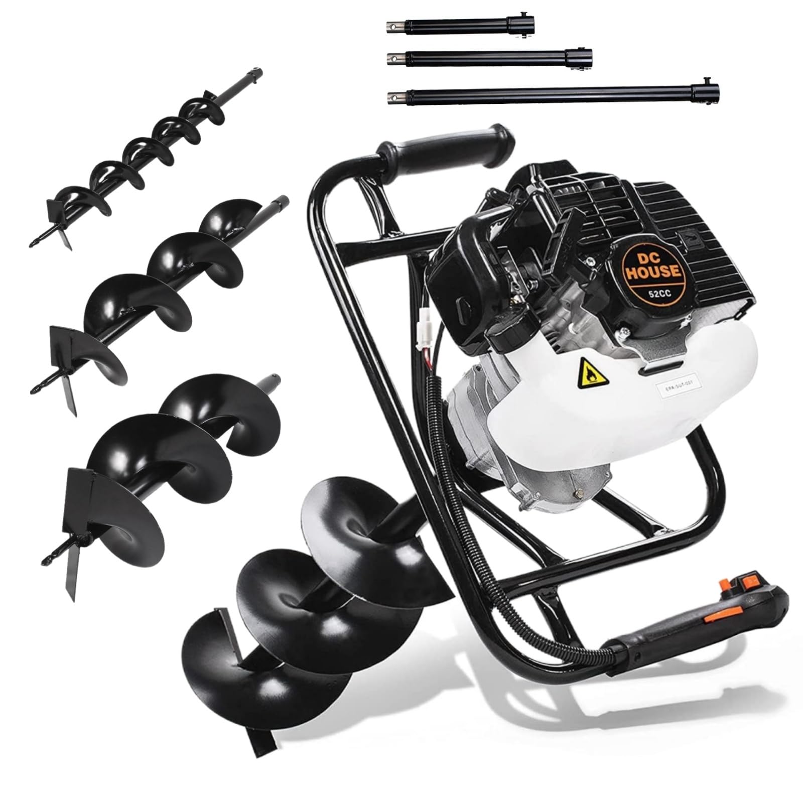 DC HOUSE 52cc 1800W Gas Powered Earth Auger EPA Certified Post Hole Digger, with 3 Drill Bits 6" 10" 12" and 3 Extension Rods 8" 12" 20", Mixing Ratio 30:1, for Fence, Farmland and Garden