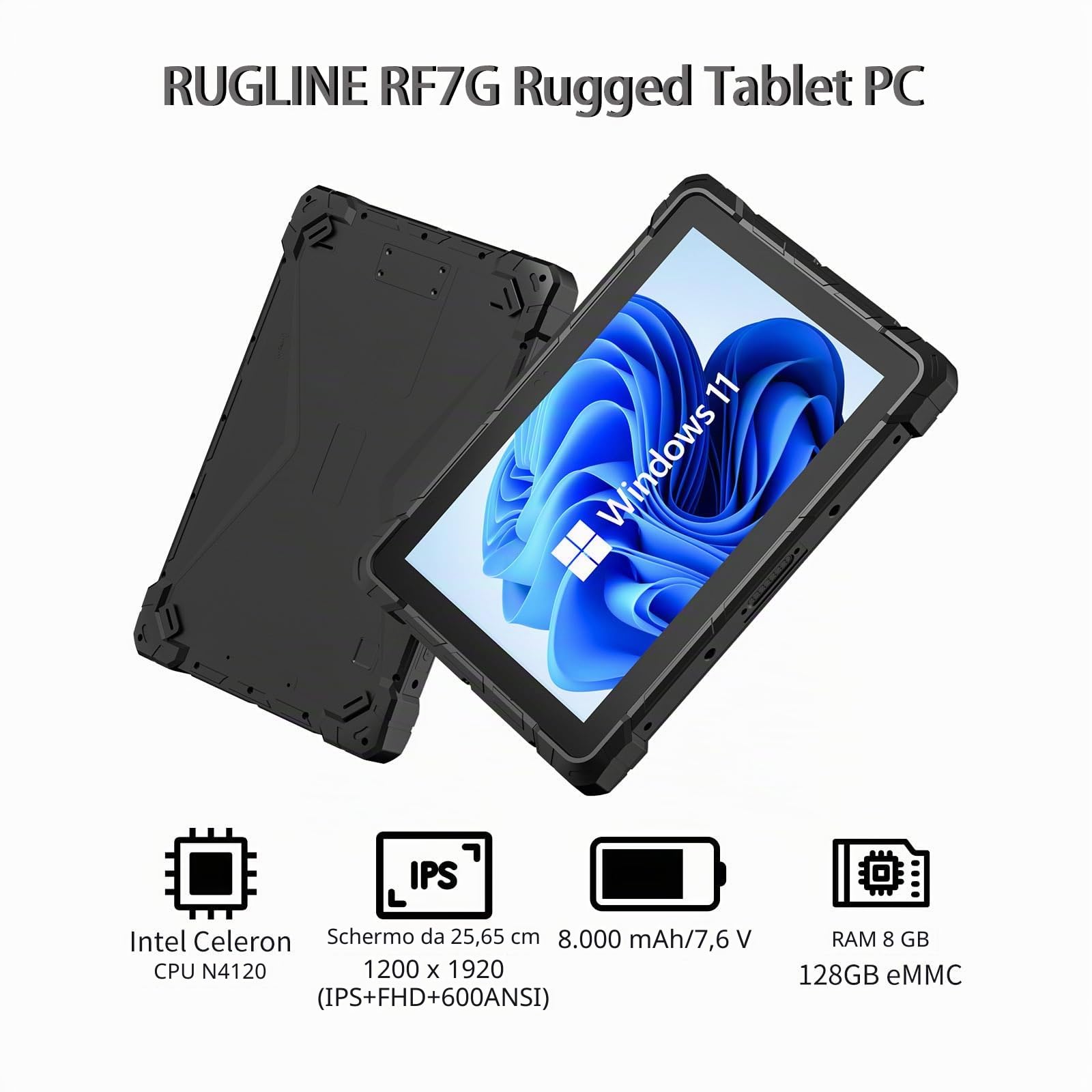RF7G Rugged Tablet PC 10.1" Win 11 Pro 8+128G, Intel N4120, Windows Tablet 16000mAh/3.8V Batteria, 800x1280 Pixel, IP67 Impermeabile, WiFi 5, BT 4.2 PC da Lavoro Esterno Industriale, Nero