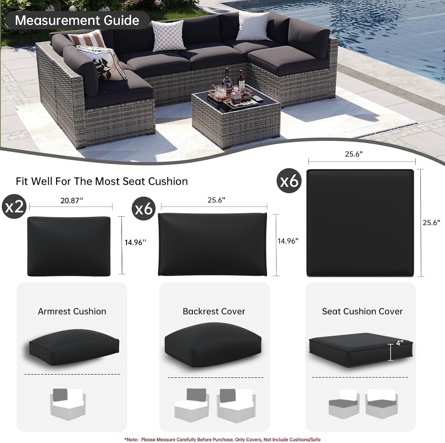 aoxun 14pcs patio cushion covers replacement, waterproof outdoor furniture cushion covers with zipper and non-slip bottom, patio sofa couch 3 sizes for patio sectional, covers only (black) 14 pcs black