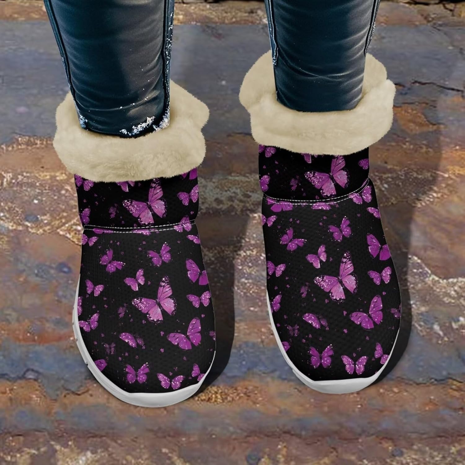chaqlin Butterfly Snow Boots Winter Flat Heels Boots for Women Ankle Warm Slip Resistant Comfy Lightweight Soft Fuzzy Plush Boots Casual Outdoor