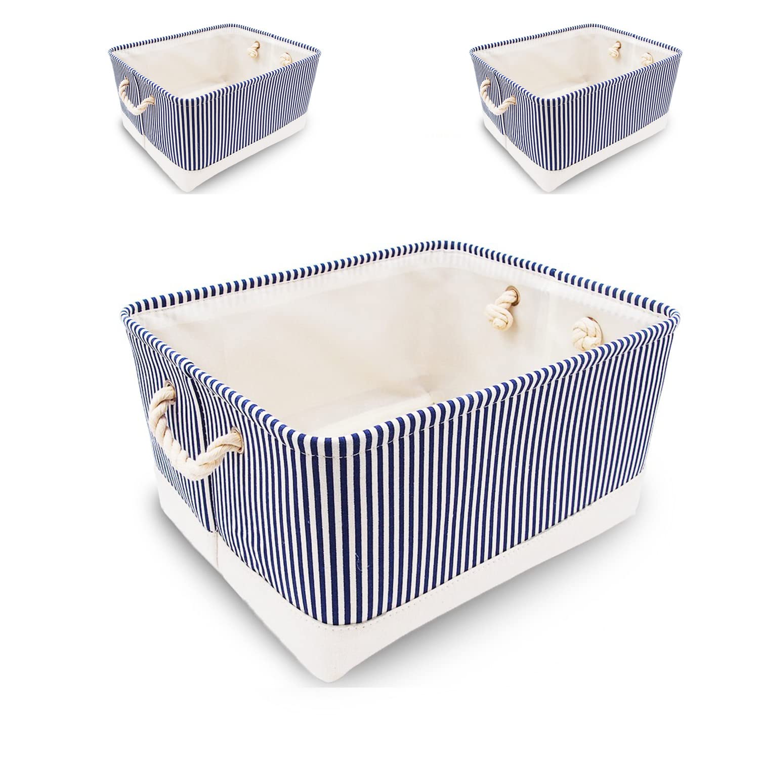 Mangata Canvas Storage Boxes for Closet Shelves, 14.2" x 10.2" x 7.1", 3 Pack (Blue Stripe, Medium)