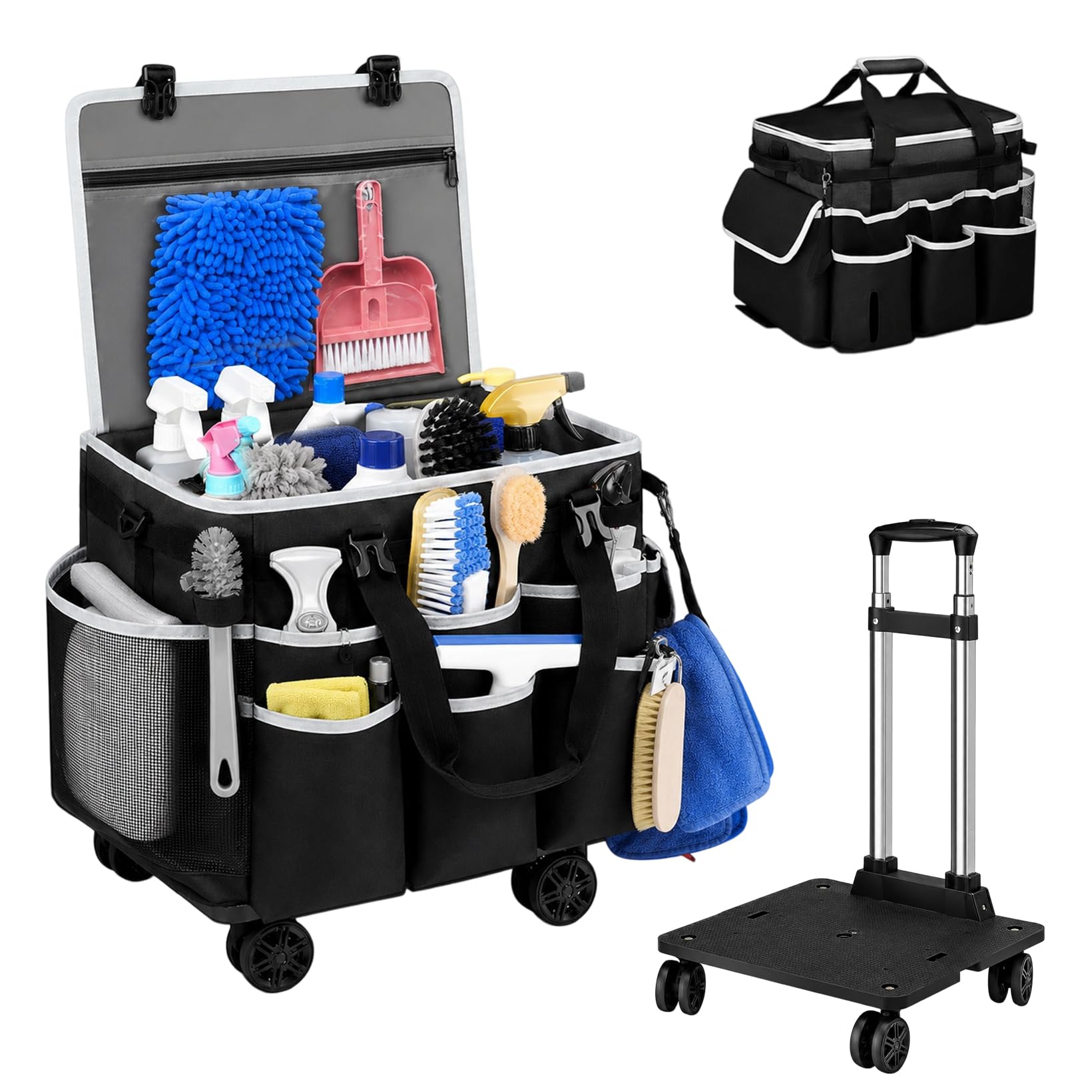 Bolsa grande para productos limpieza con ruedas extraíble 40 x 30 x 32 cm | Organizador 600D con carrito telescópico, tapa y correa para el hombro para el hogar, cuidado versátil