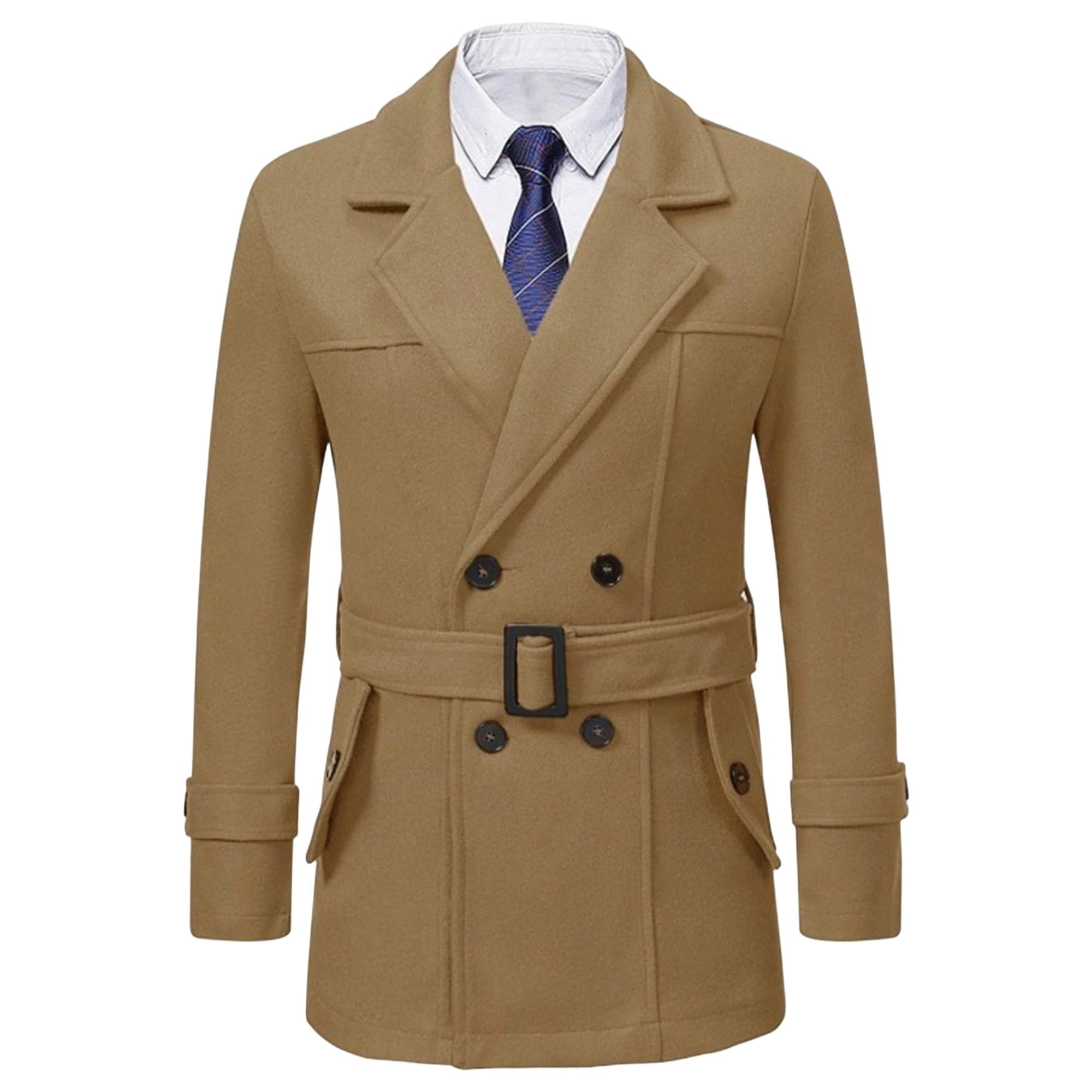 Gabardina con cuello de muescas para hombre con cinturón, doble botonadura, térmica, para invierno, chaqueta casual de mezcla de lana