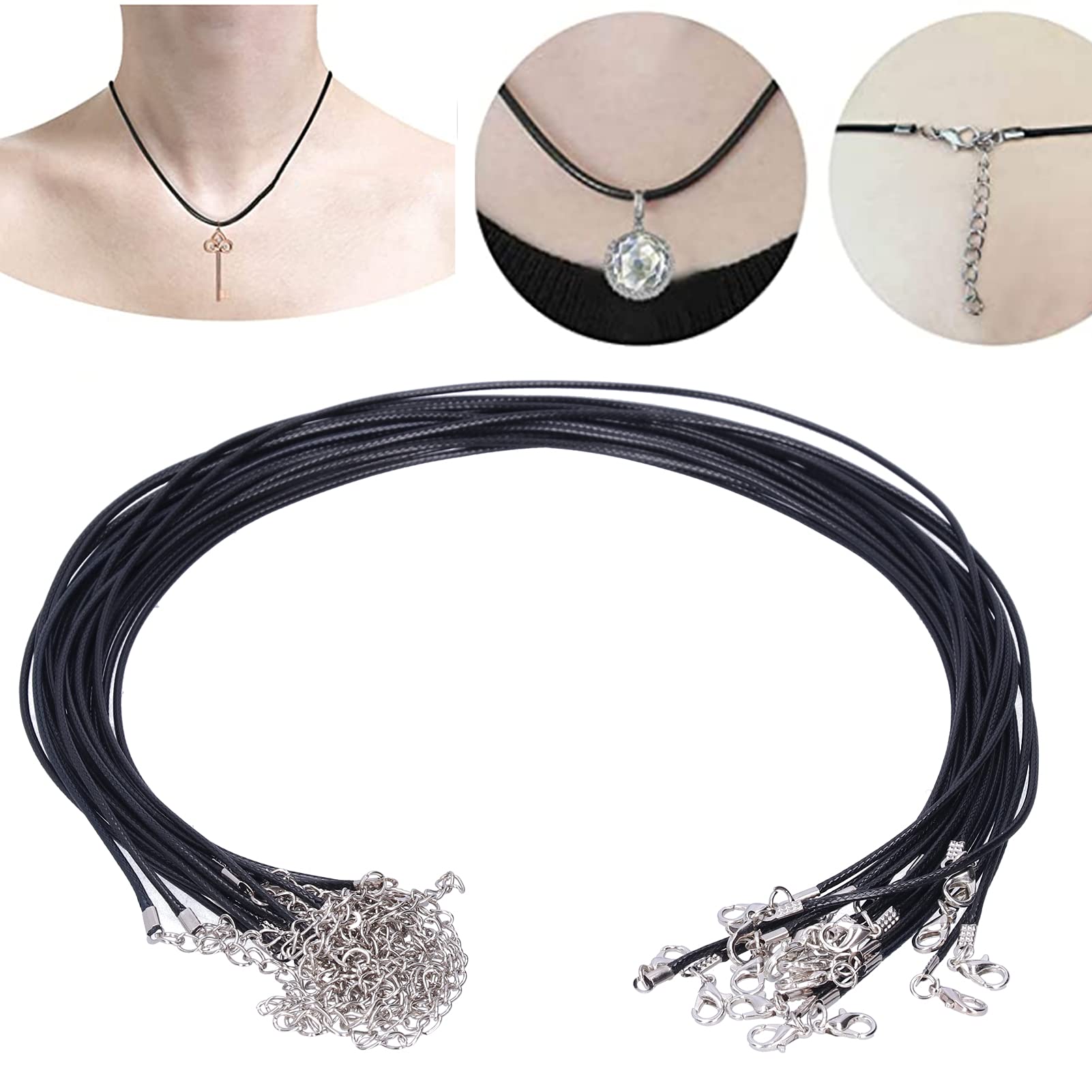 Cordoncini per Collana, 50 Pezzi 2mm Laccetto Collana Cerato con Chiusura, Tondo Laccio per Ciondoli per Collane Bracciali Perline Crezione Gioielli Artigianato Fai da Te