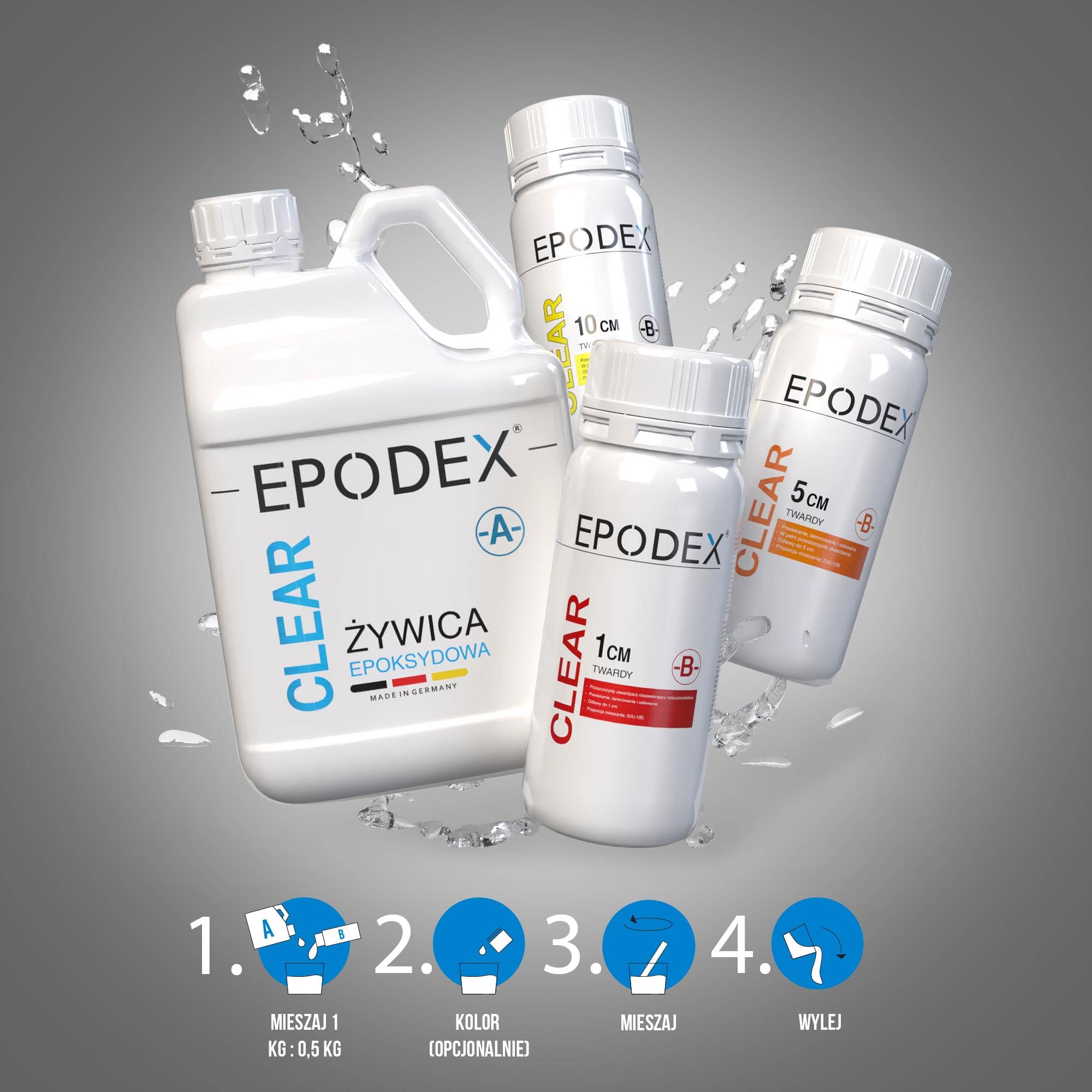 EPODEX® Żywica epoksydowa 2K, 3 wysokości odlewania 0-10 cm, powłoki, sztuka, rękodzieło i inne, żywica odlewnicza, żywica syntetyczna, przezroczysta, rabatowa | Zestaw do odlewania żywicy, powłoki, sztuki, odlewów, stołów rzecznych, lamp, biżuterii, prze