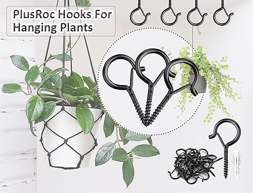 Miniatura 3 de PlusRoc Paquete de 20 ganchos de tornillo para colgar luces de cadena al aire libre, colgador de luces de patio, gancho de ojo negro resistente de