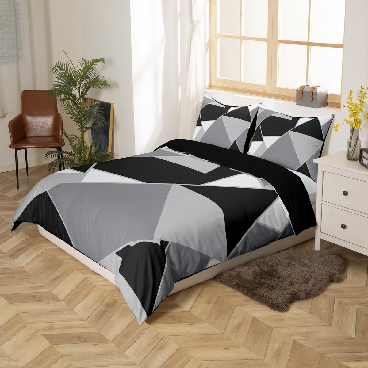 jejeloiu Black Gray Abstract Duvet Cover Toddler Size Kids Geometric Stripe Comforter Cover for Boys Girls Teens Modern Art Triangle Bedding Set Breathable Soft Microfiber Geometry Room Decor