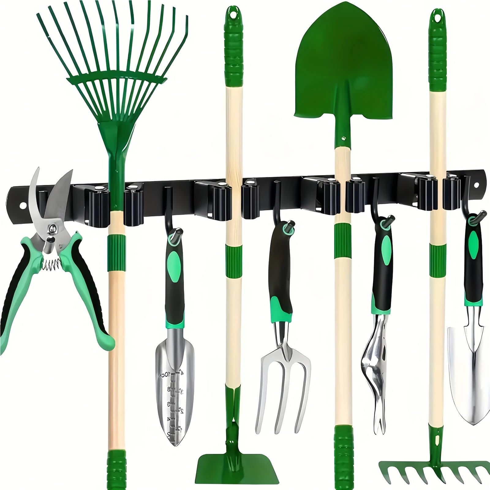 Porta Scope Parete 1 portautensili in metallo resistente con 4 slot e 5 ganci for attrezzi da giardino, spazzolone deposito for attrezzature garage, nero per cucina