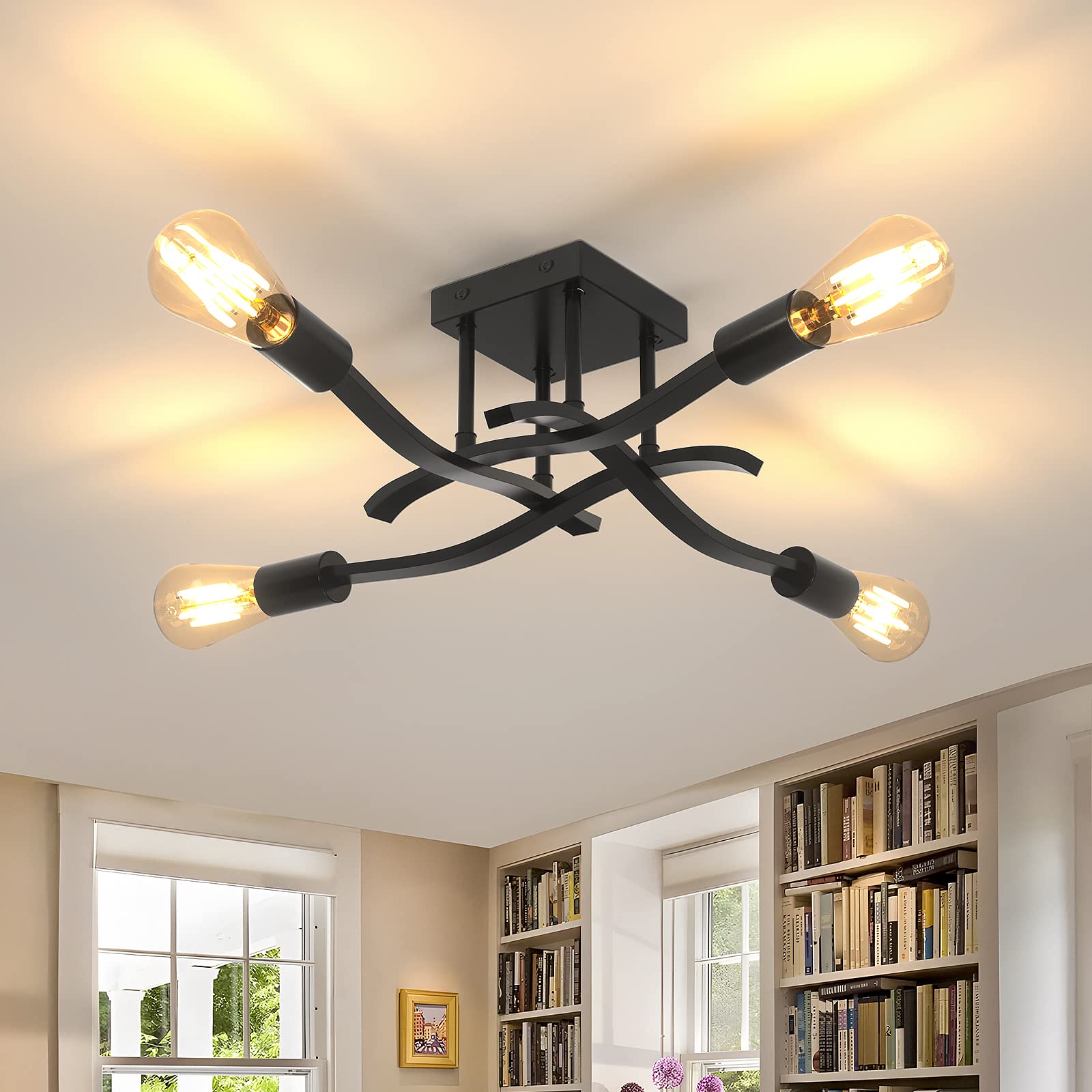 OTREN Lámpara de Techo Industriales Vintage, Plafon de Techo Retro, 4 Luz Lámparas de Araña para Dormitorio Salón Cocina, Negro, E27