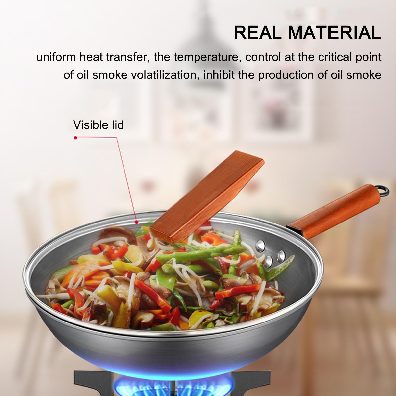 HMWOKPOT Wok Pan with Lid, 12.6in Woks & Stir Fry Pans No Chemical Coated Flat Bottom Chinese Wok for Induction, Electric, Gas, All Stoves