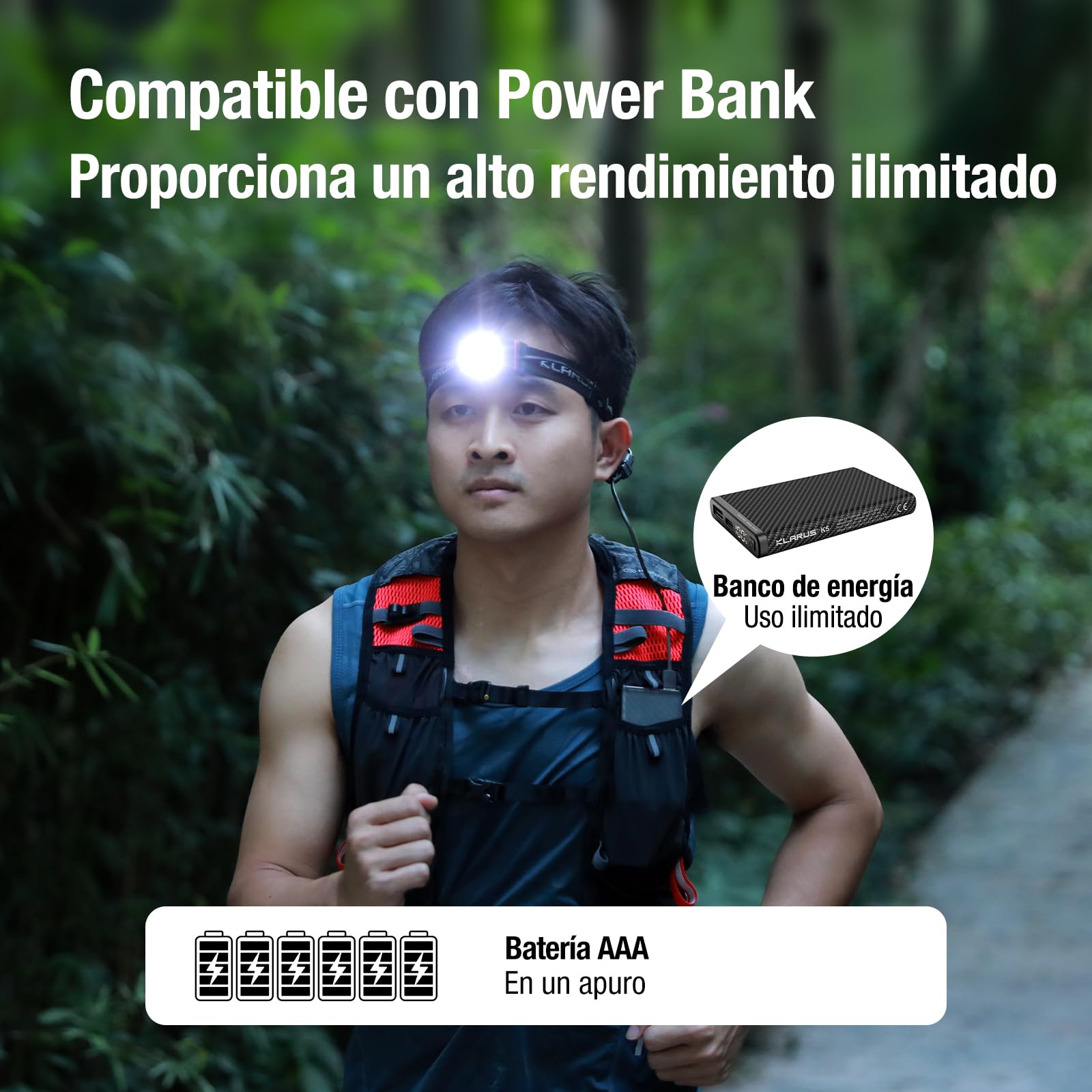 klarus Linterna frontal HM5 800 lúmenes, ultrafina, ligera, con luz roja, doble interruptor, 105 horas de tiempo de funcionamiento, IPX6, resistente al agua, linterna frontal LED para correr, camping