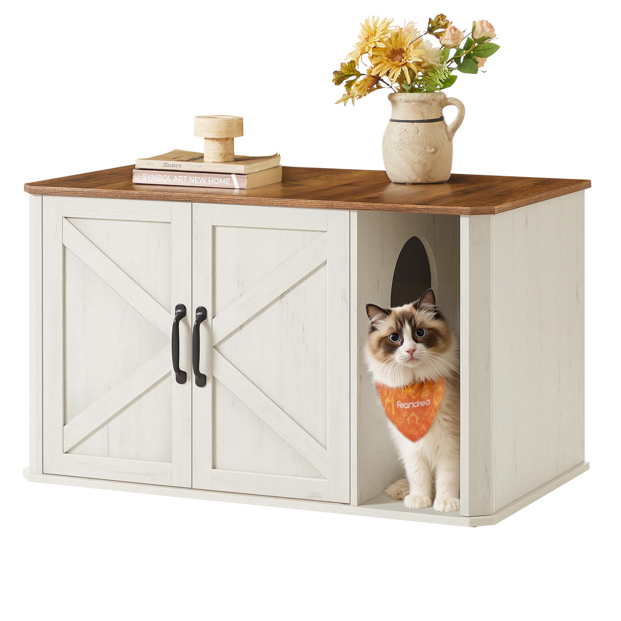 Feandrea Katzenhaus, Katzenklo-Schrank modern, Vordereingang, mit Doppeltür und Griffen, als Sideboard, 85 x 48,5 x 50 cm, honigbraun-vintageweiß PCL012K01