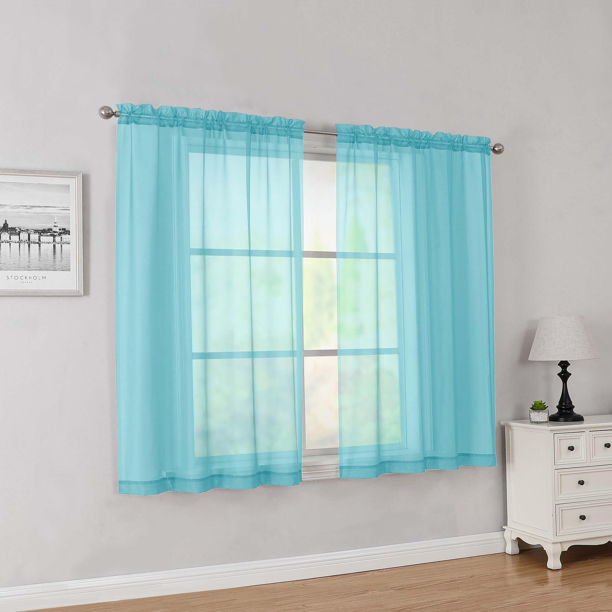 Simplebrand Aqua Short Sheer Curtains 45 Inch Length 2 Panels for Bedroom