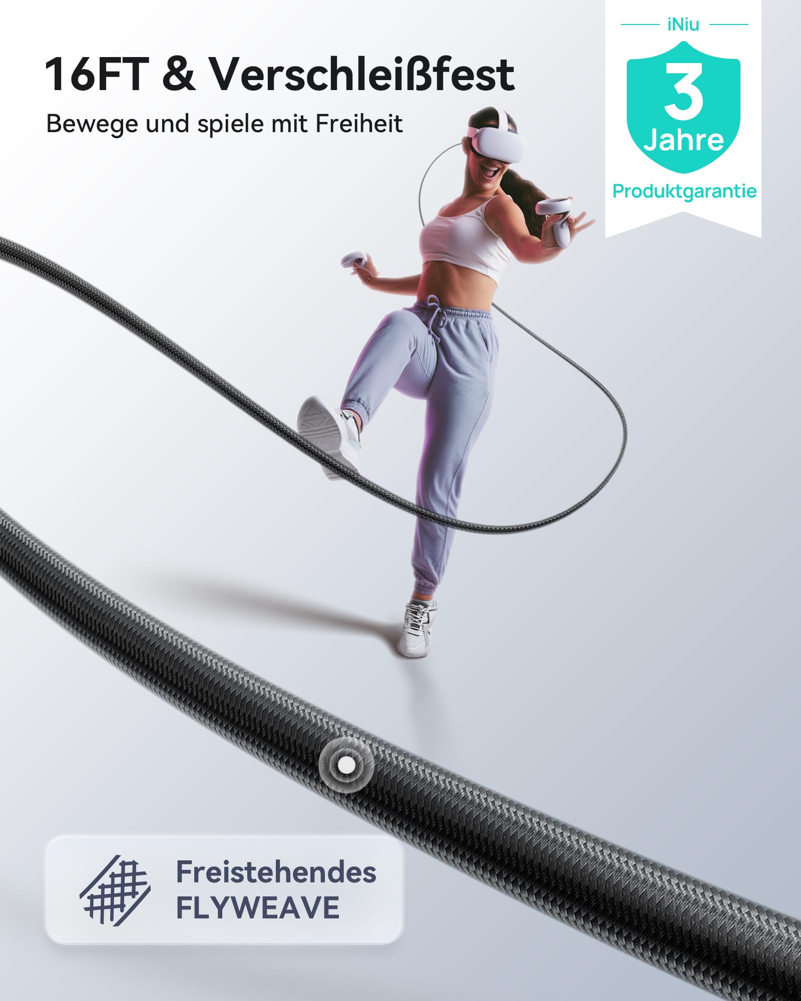 INIU Link Kabel mit Ladeanschluss [5m], Kompatibel mit Oculus Meta Quest 3/Quest 2/1/Quest Pro und Pico 4/PC Steam VR Zubehör, High Speed 2.5Gbs USB C Datenkabel PC zu PC für VR Headset Accessories.