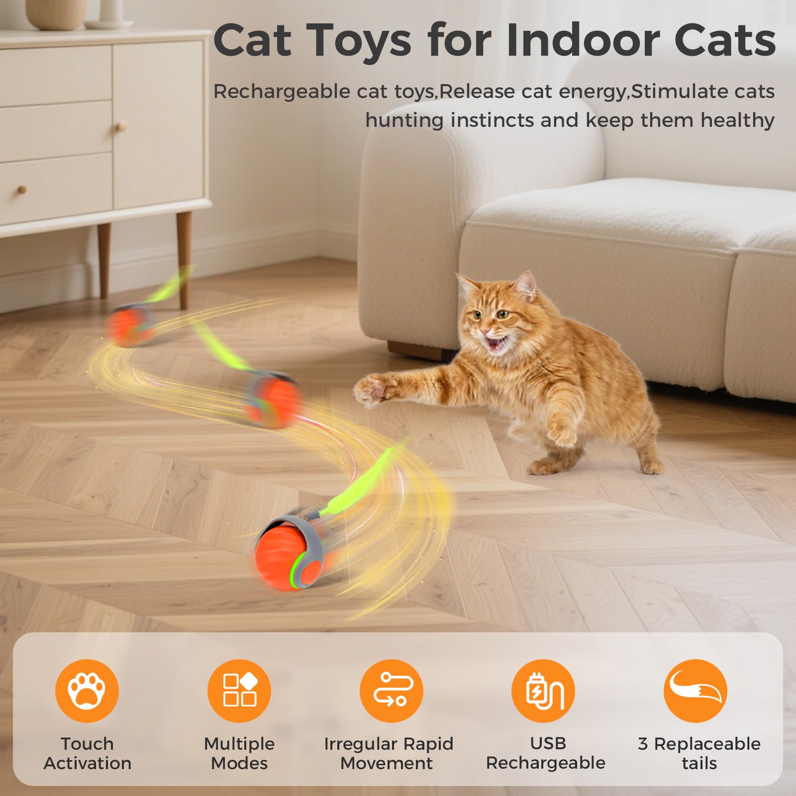 LDZ&CHX Pelota de juguete interactiva para gatos de interior, bola rodante activada por movimiento automático con 3 colas reemplazables, ejercicio divertido para gatos adultos aburridos