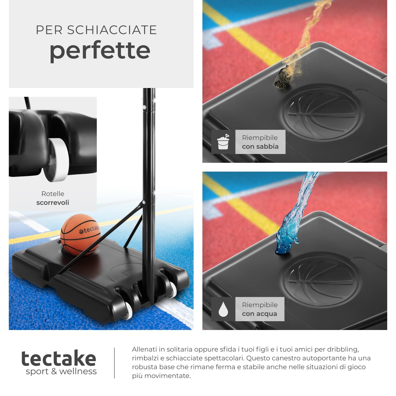 tectake® Canestro Basket con Ruote, Canestro Basket Esterno e Interno con Asta Regolabile in Altezza, Base Riempibile con Acqua o Sabbia, Tabellone Pallacanestro Interno Esterno per Bambini e Adulti