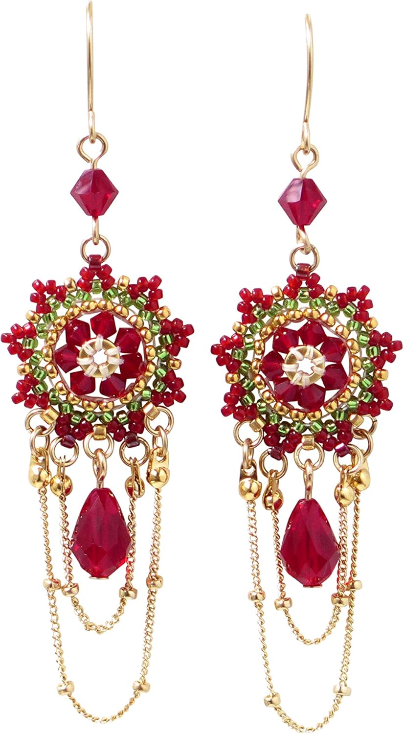 Designer Green and Red Crystal Chandelier, Gold-filled Long Beaded Earrings