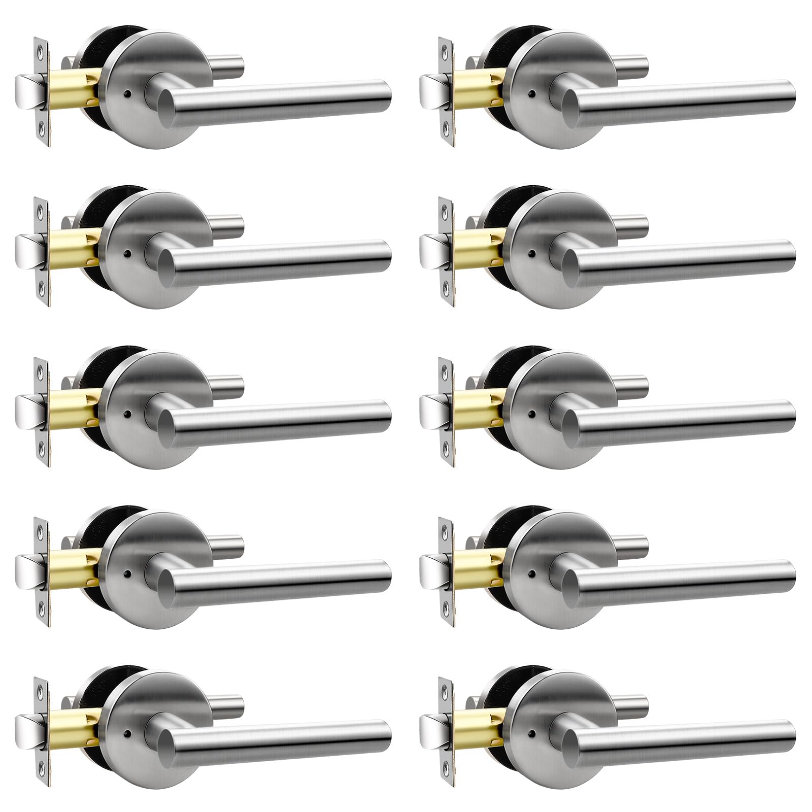 Orger 10 Pack Passage Door Handle Locks Interior, Satin Nickel Hall and Closet Door Levers, 304 Stainless Steel Non-Locking Locksets for Right & Right