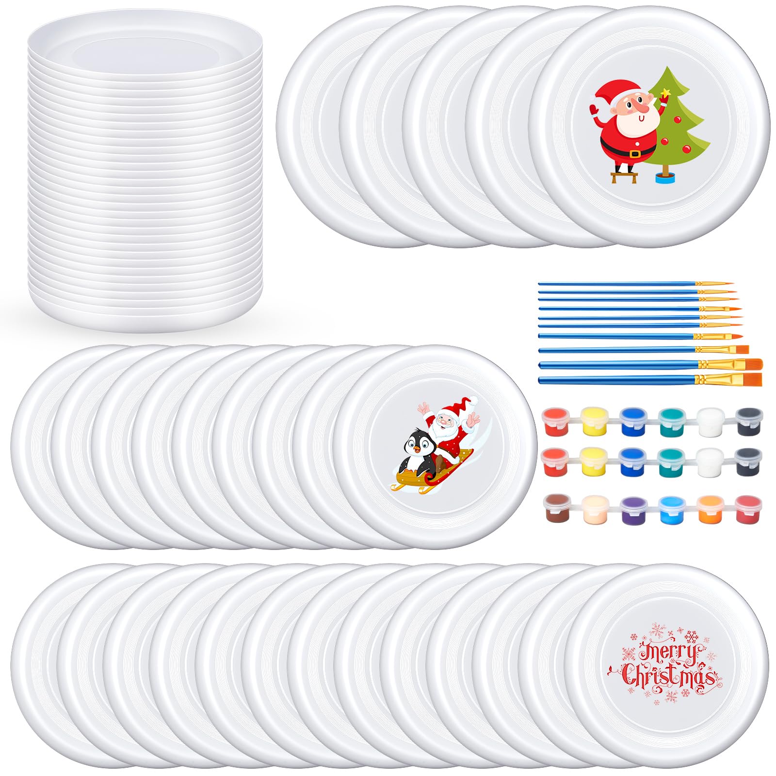 Tenceur 36 Pcs DIY Plastic Flying Disks Bulk 7 Inch Color Your Own White Flying Disc with 10 Paintbrushes and 3 Paints for Party Favors and Crafts Fun Home Activities Games