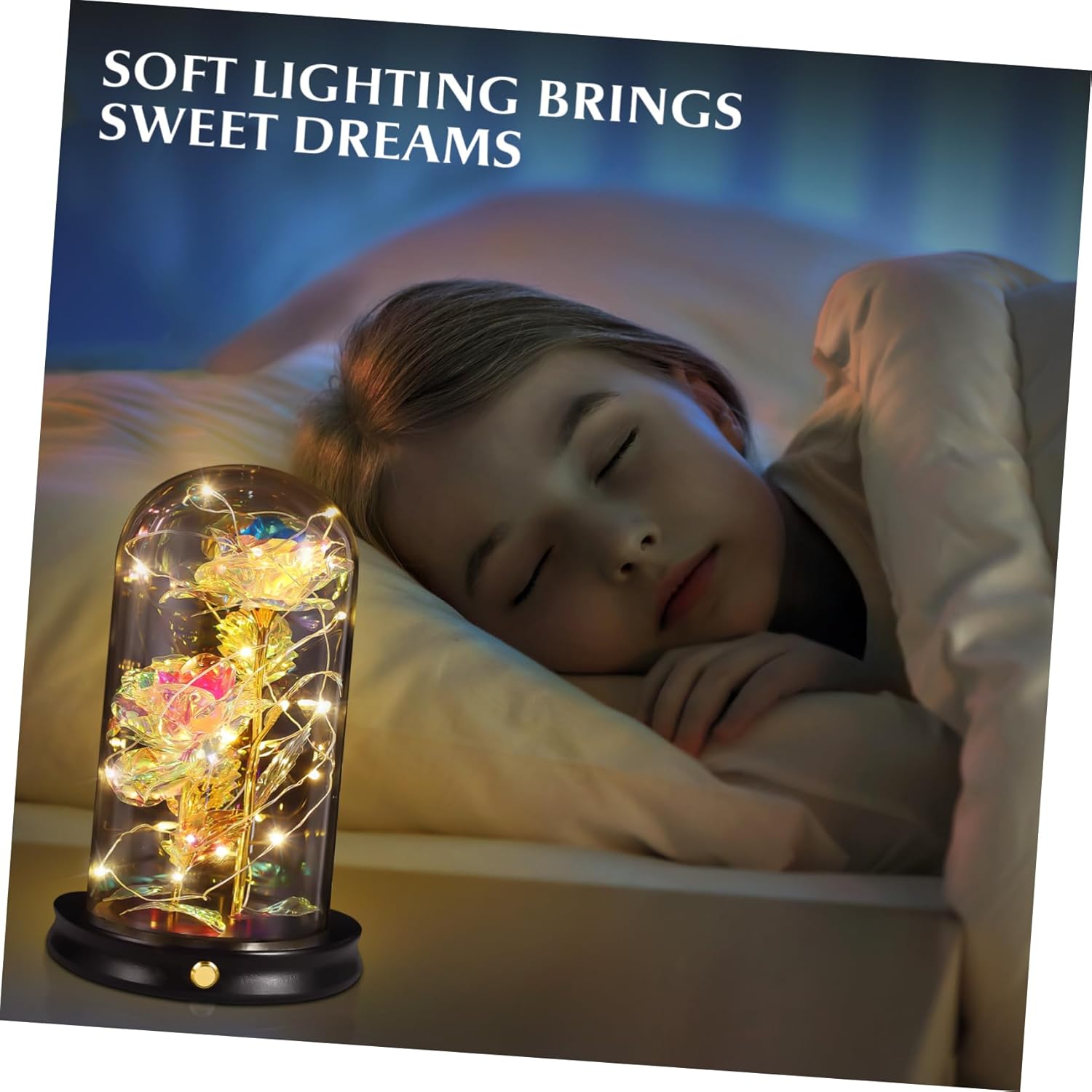 Angoily Double Foil Led Roses in Glass Dome with Lights Luxurious for Valentine's Day Mother's Day Anniversaries and Weddings Decorative Desk Lamp with Base