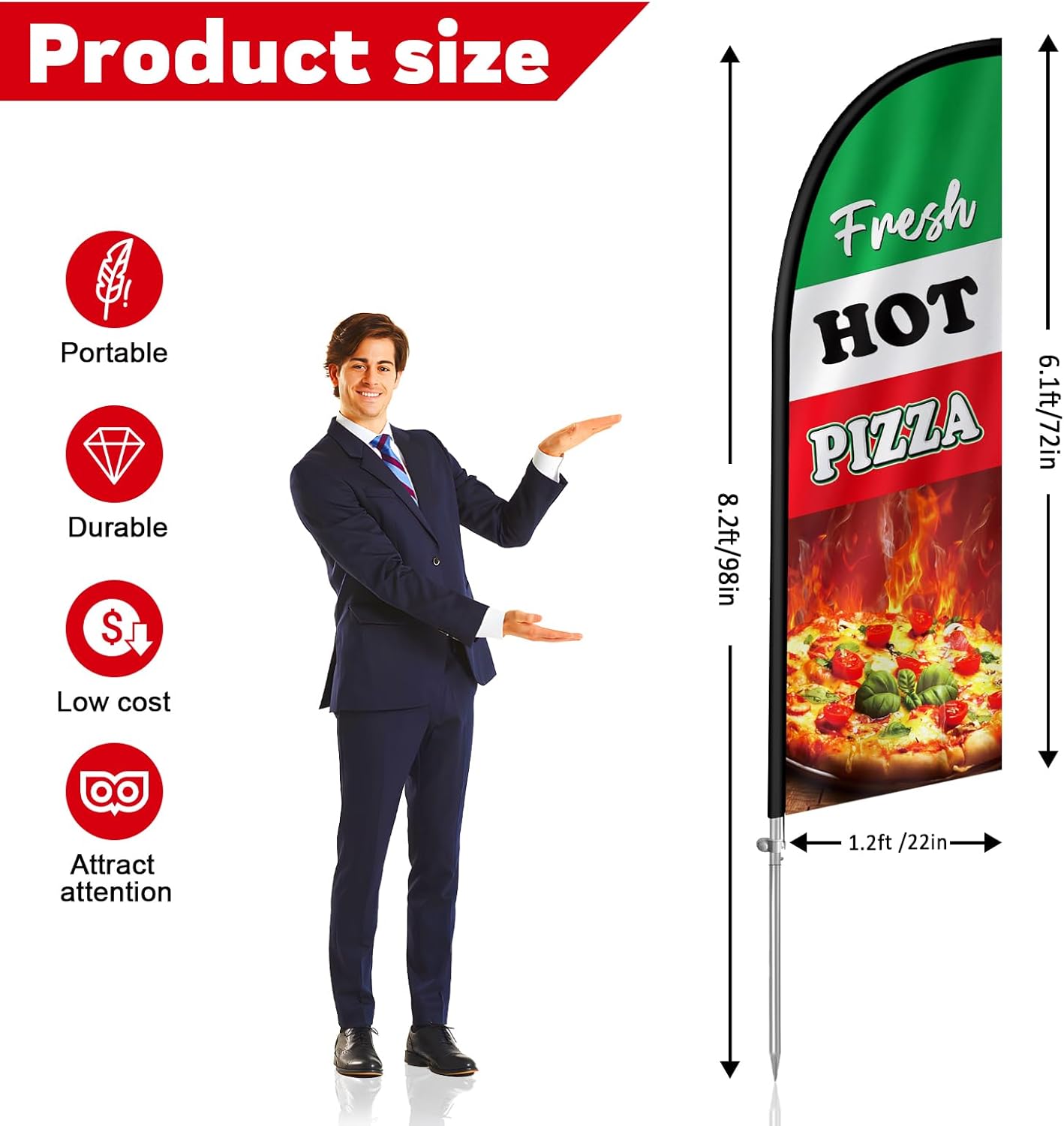 Fresh Hot Pizza Flag for Business, 8FT Fresh Hot Pizza Feather Flag Banner, Polyester Advertising Swooper Flag with Aluminium Alloy Flag Pole Kit, Stainless Steel, Ground Spike, Portable Bag - Image 2