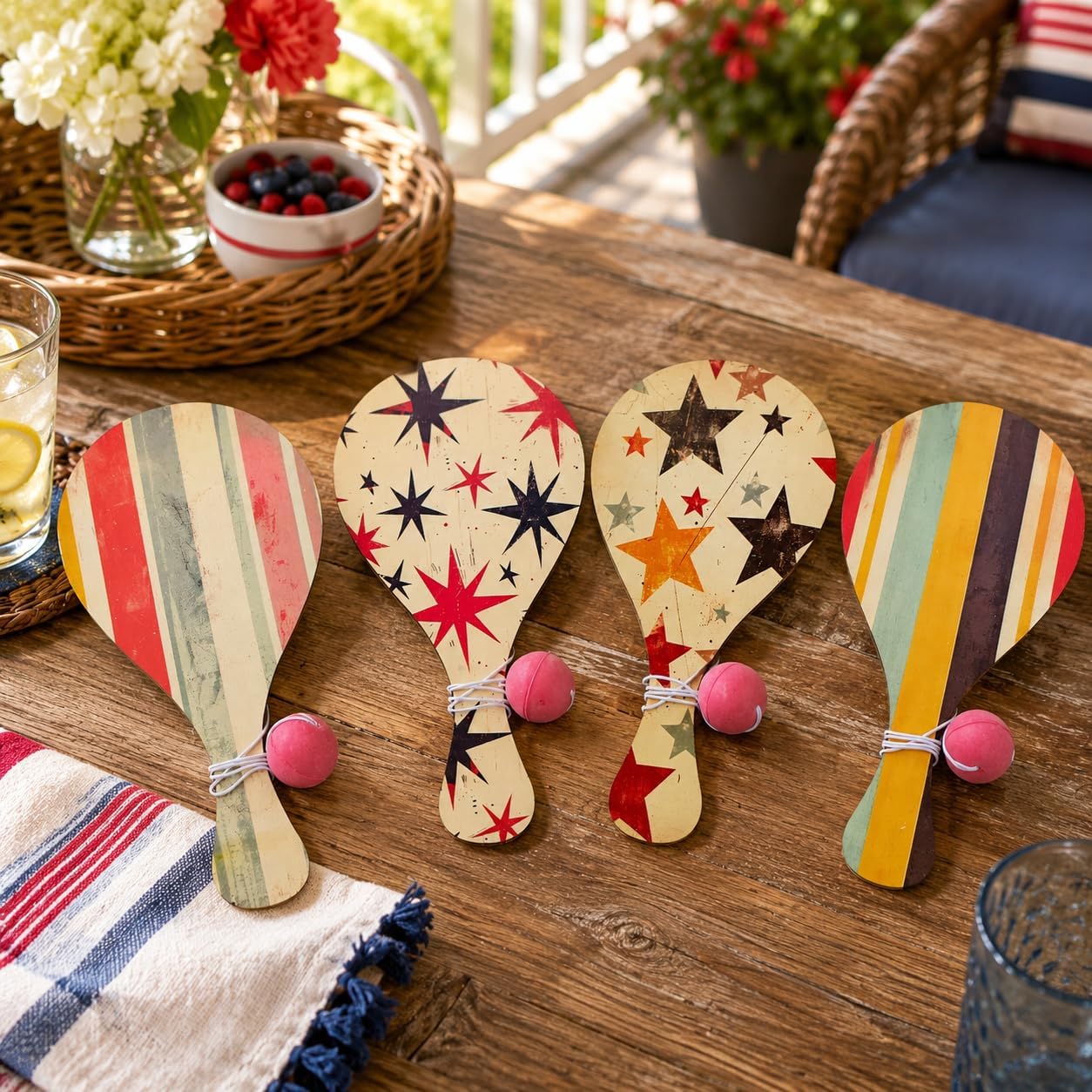 24 Pack 4th of July Patriotic Paddle Ball Set Vintage Americana Wooden Paddle Balls with String Stars and Stripes Summer Party Favors for Independence Day Indoor Outdoor Activities