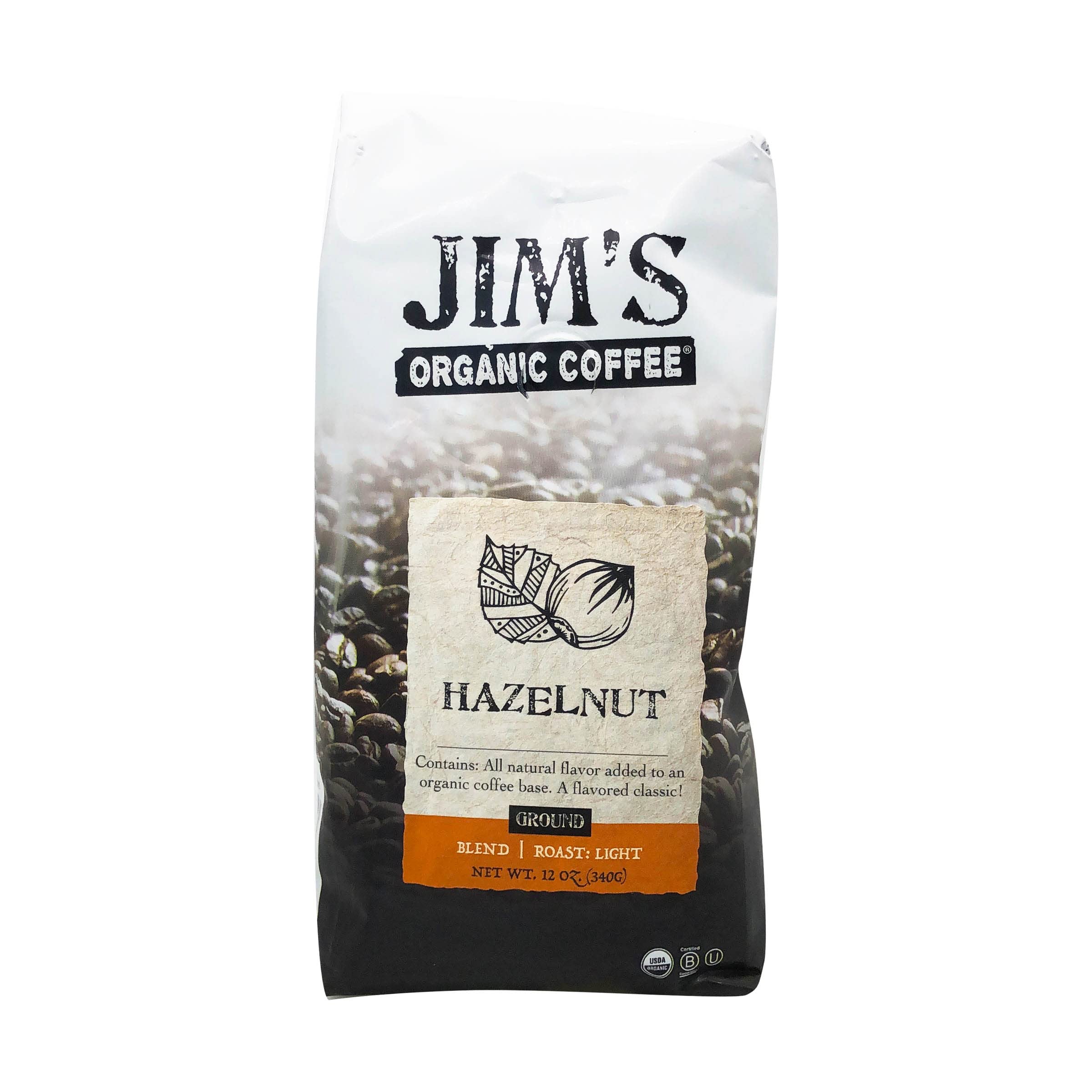 Jim’s Organic Coffee – Hazelnut, All Natural Flavored Blend – Light Roast, Ground Coffee, 12 oz Bag