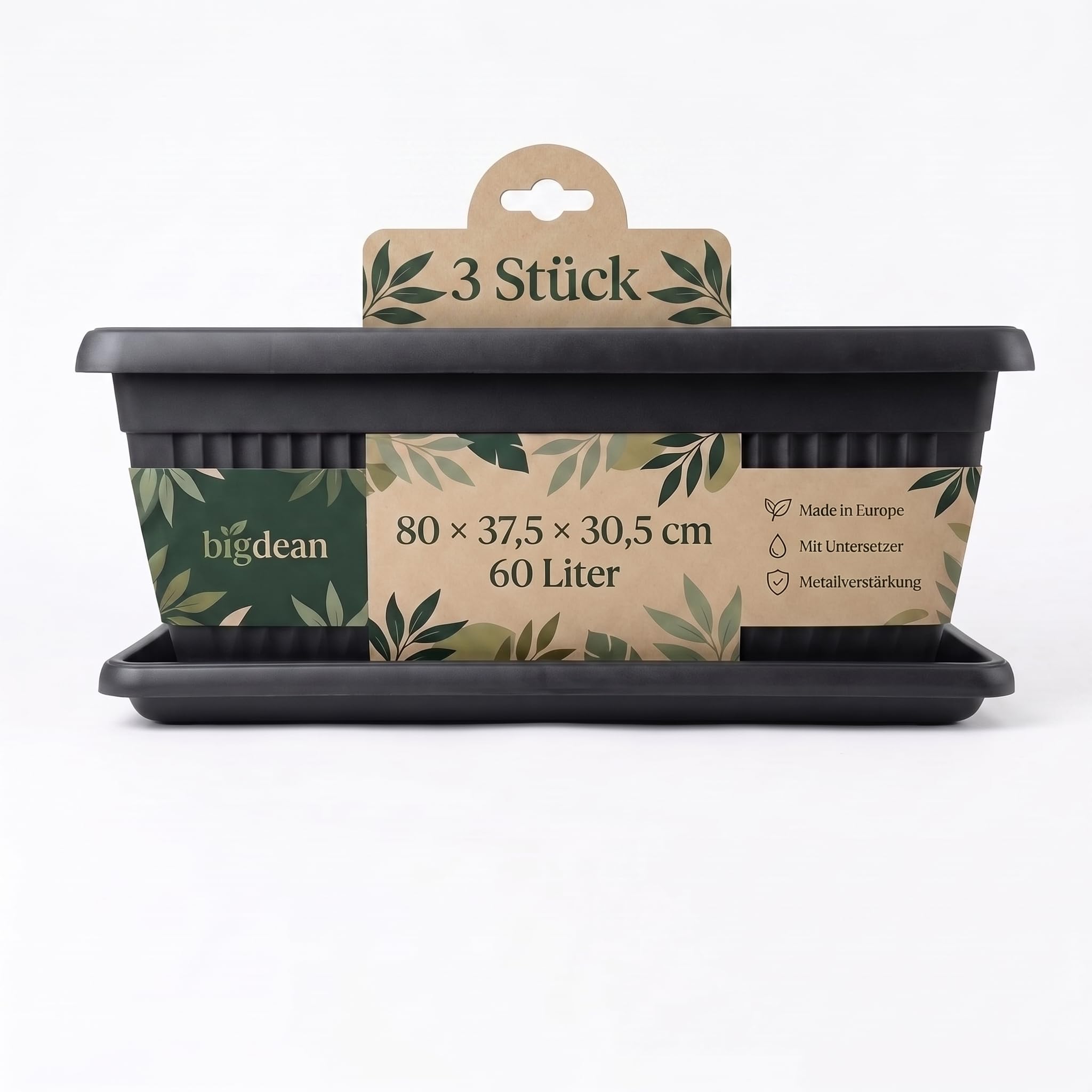 BigDean 3 Stück 60 Liter Blumenkübel Jumbo 80x37,5x30,5cm Blumenkasten | Mediterranes Design, Lieferung inkl. Untersetzer, Farbe: Anthrazit, Pflanzkübel, XXL, Blumentopf, groß
