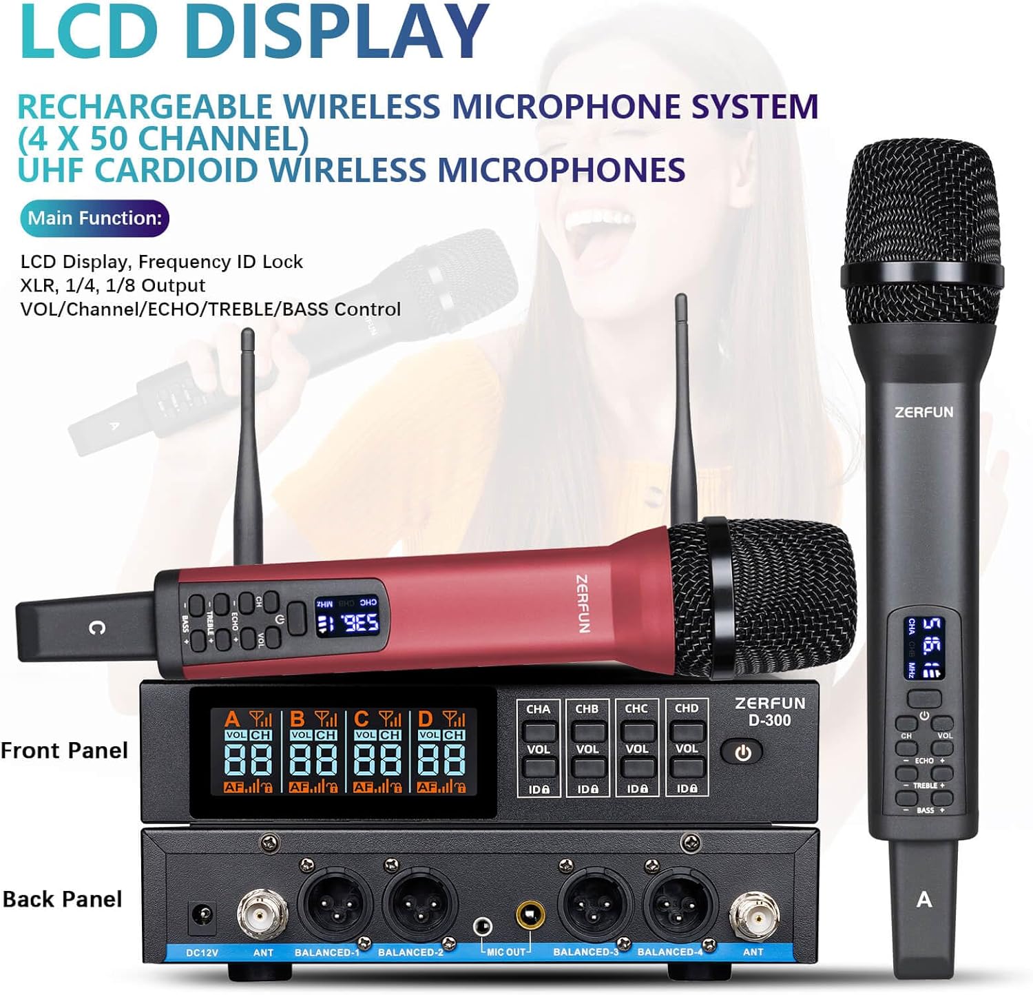 Rechargeable Wireless Microphone System 4 Channel Pro, UHF Handheld Cordless Mics with VOL Echo Treble BASS Control, LCD Display, Frequency Lock, XLR, 1/4, 1/8 Output, D-300, Grey&Red - Image 2