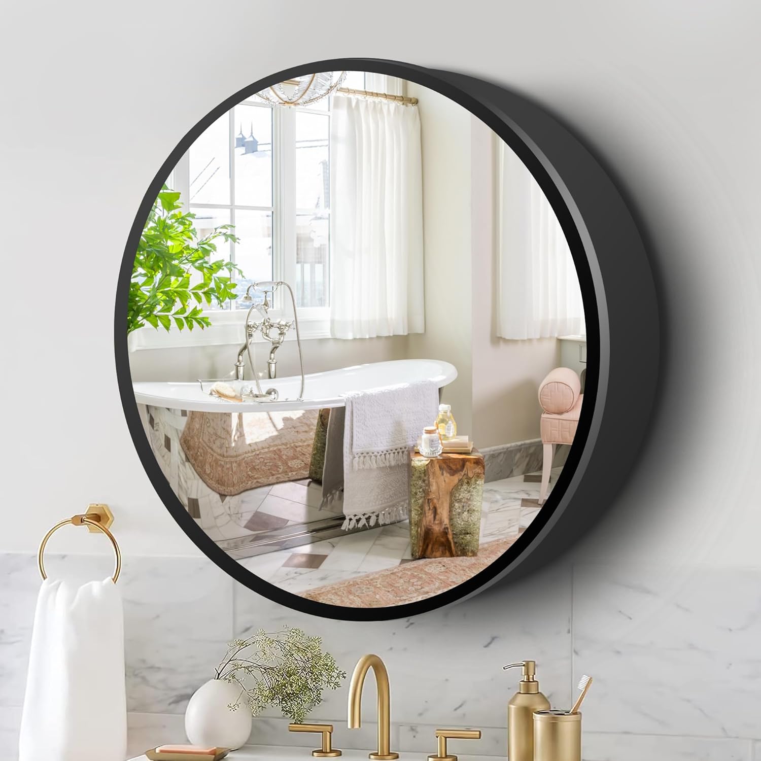 Movo 28 Inch x 28 Inch Bathroom Round Black Aluminum Medicine Cabinet with Mirror, Circular Storage Cabinet Surface Mounted 28"W x 28"H Black
