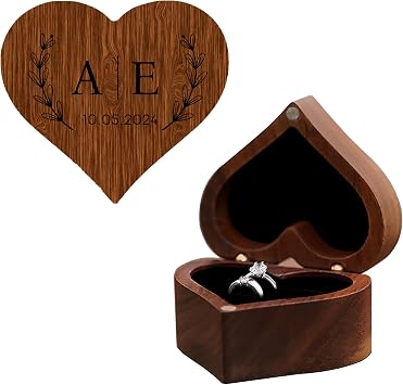 Customized Small Walnut Ring Box for Wedding, Personalized Engraved Flip Wooden Ring Box with 2 Slots, Vintage Wooden Jewelry Box for Proposal, Engagement, Wedding Ceremony Heart