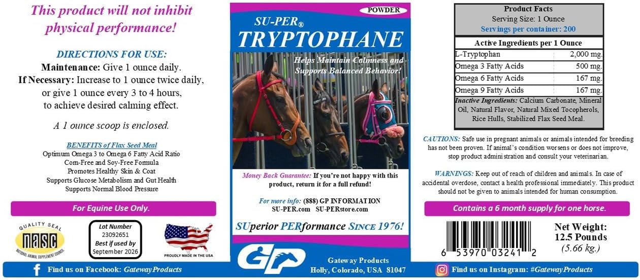SU-PER Tryptophane Horse Calming Supplement - Maintain Calmness and Supports Balanced Behavior - 12.5 Pounds, 6 Month Supply