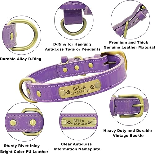Miniatura 20 de Collar de perro de cuero genuino personalizado con placa de nombre grabada, duradero y elegante collar de perro personalizado para perros pequeños
