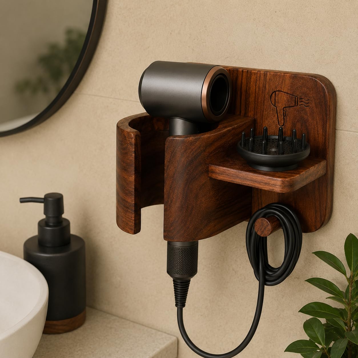 Sheesham Solid Wood Hair Dryer Stand for Bathroom & Dressing Table, Handcrafted Hair Dryer Holder with Comb Storage Organizer, Durable Wooden Vanity Accessory (Honey, Design 8)-image-12
