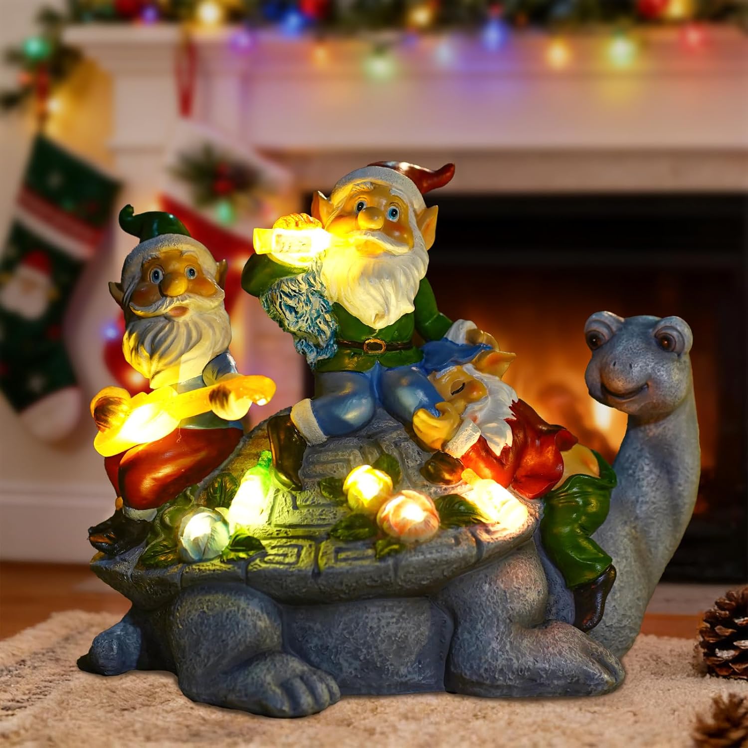 Solar Garden Outdoor Statues Gnome Turtle Three Gnomes Having Party on Turtle with 7 LED Lawn Decor Outside Decorations for Patio, Balcony, Yard Ornament Unique Garden Gift - Image 3