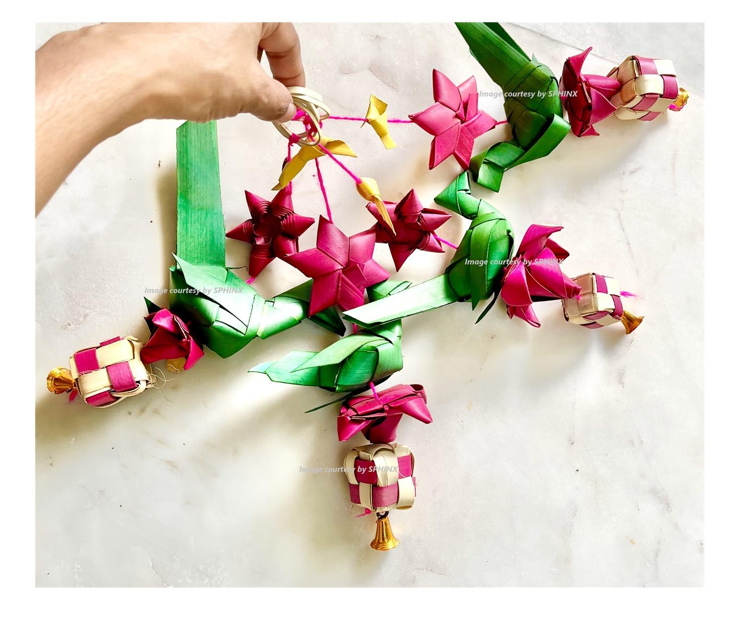 SPHINX Handmade Palm Leaf Parrots Hangings, Palm Leaf Lotus Hangings, Eco-Friendly Organic Decorations for Main Entrance Pooja Room (Color as per Stock) - (10 Pieces, Parrot Hangings (ND), Small)
